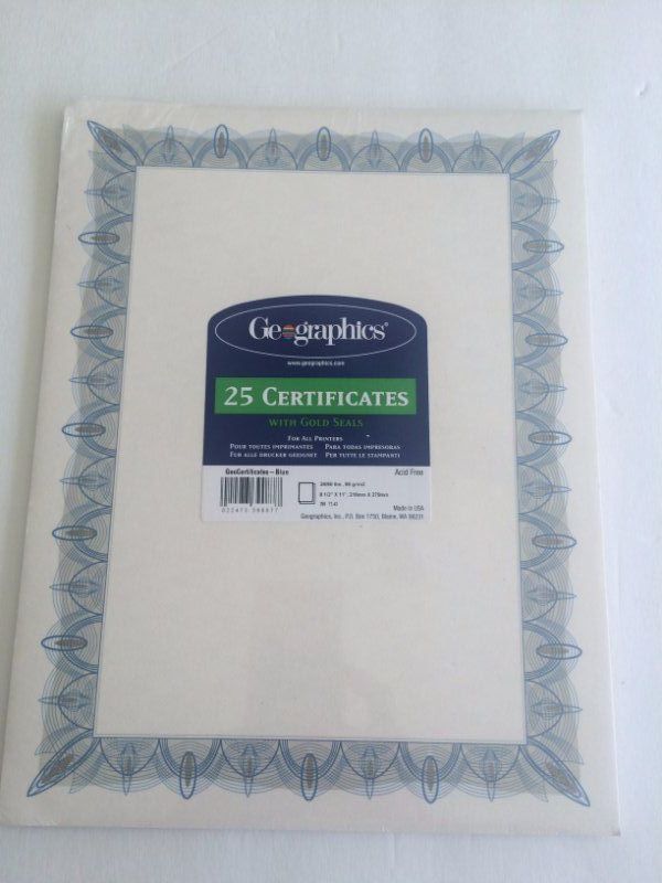25 Certificates with Gold Seals Geographics 8.5″ x 11″ Blue Geocertificates