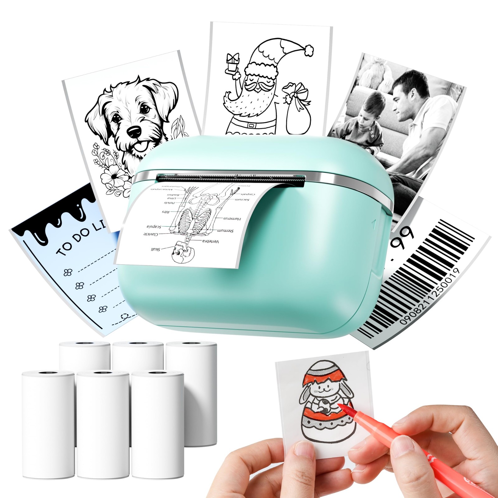 HiHTV Mini Sticker Printer – T02E Thermal with 6 Rolls, Green