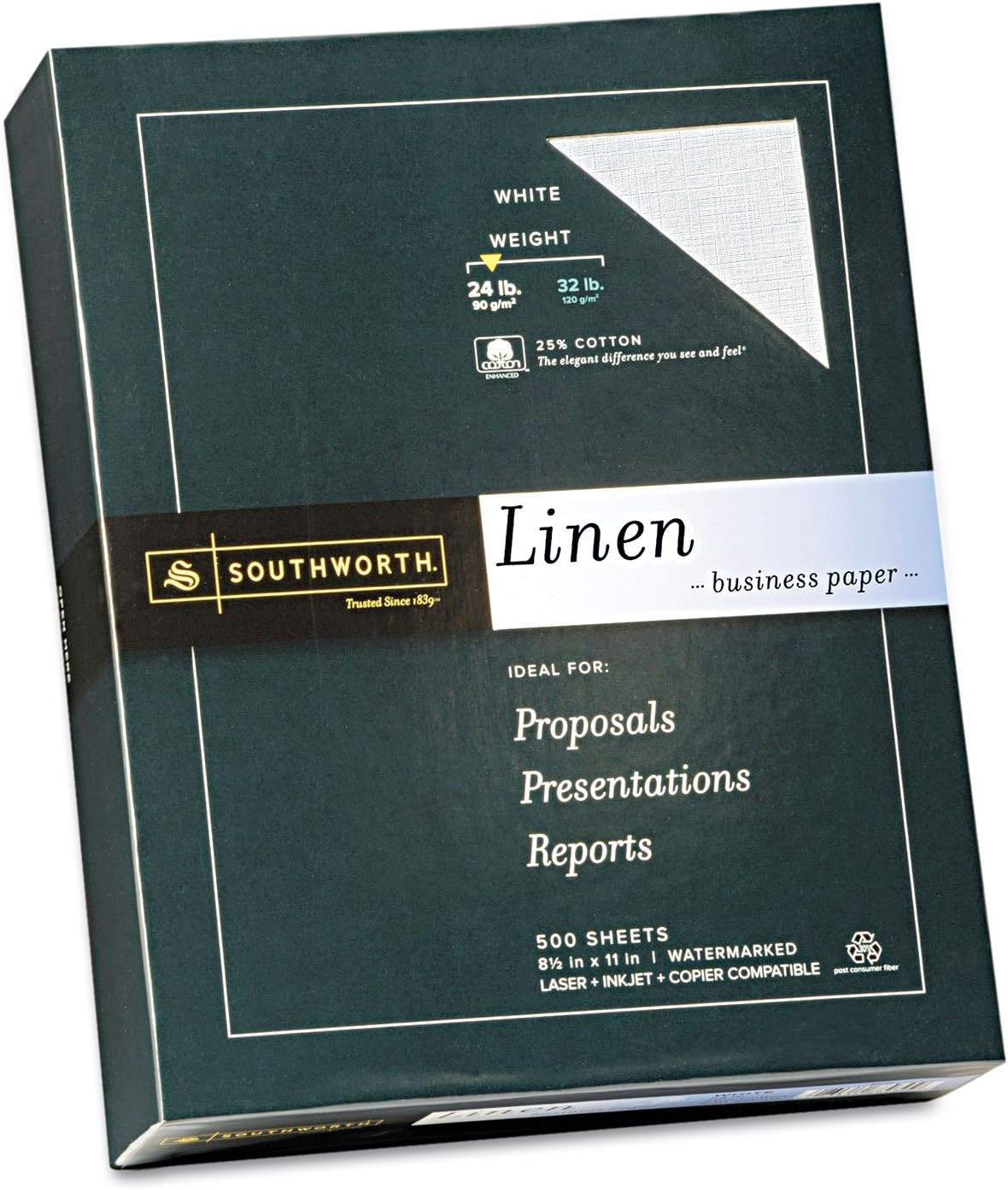Southworth 25% Cotton Business Paper, 8.5 X 11″, 24 Lb/9 GSM, Linen Finish, Whit