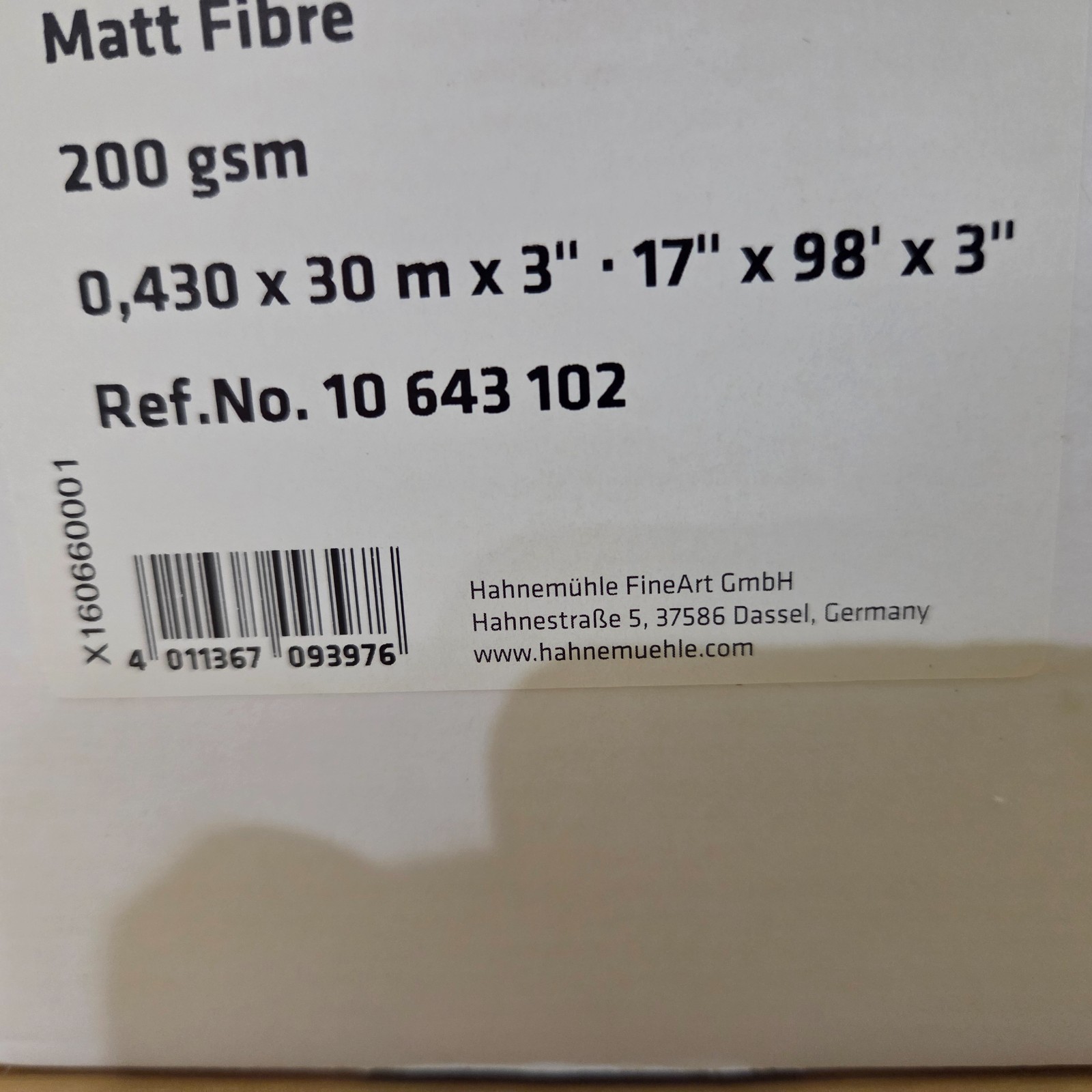 Hahnemuhle Photo Paper Matt Fibre 200 GSM 17″ x 98′ x 3″ Roll SEALED