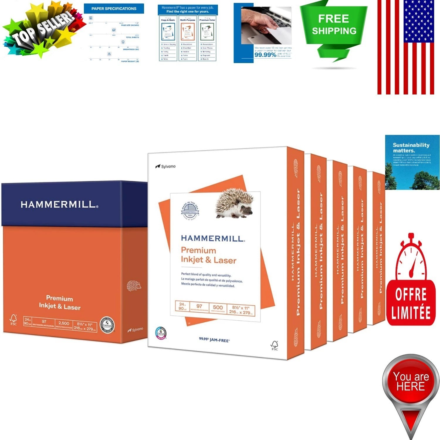 Inkjet & Laser Printer Paper – 24lb, 5 Reams, 2500 Sheets, 97 Bright