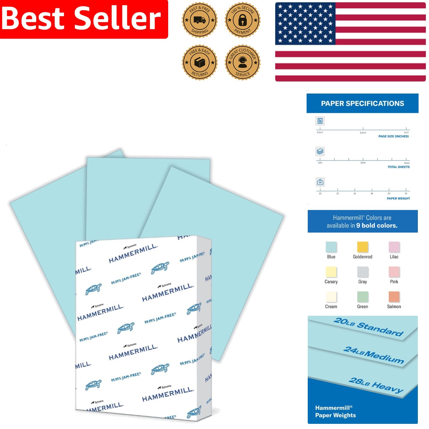 Blue Printer Paper 500 Sheets 20lb Letter Size 8.5×11 FSC Certified