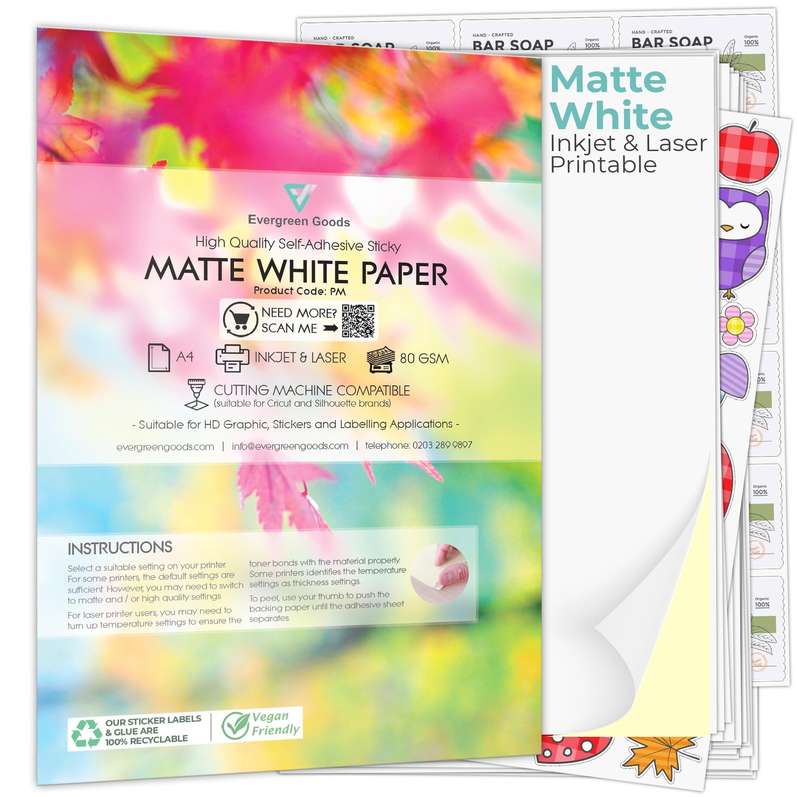 Evergreen Goods A4 100 Sheets 80gsm | Self Adhesive Sticky Matte White…