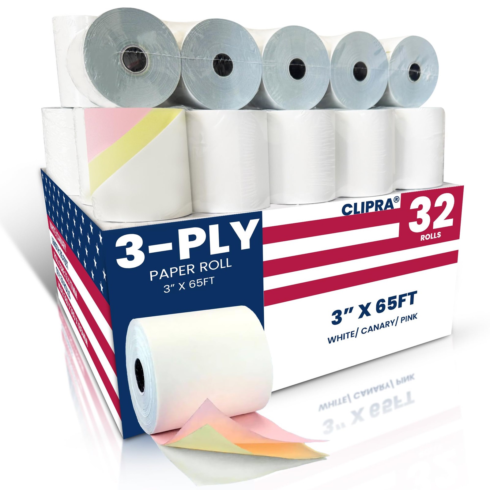(32 Rolls) 3 Ply Kitchen Printer Paper 3″ x 65 Feet, White/Canary/Pink