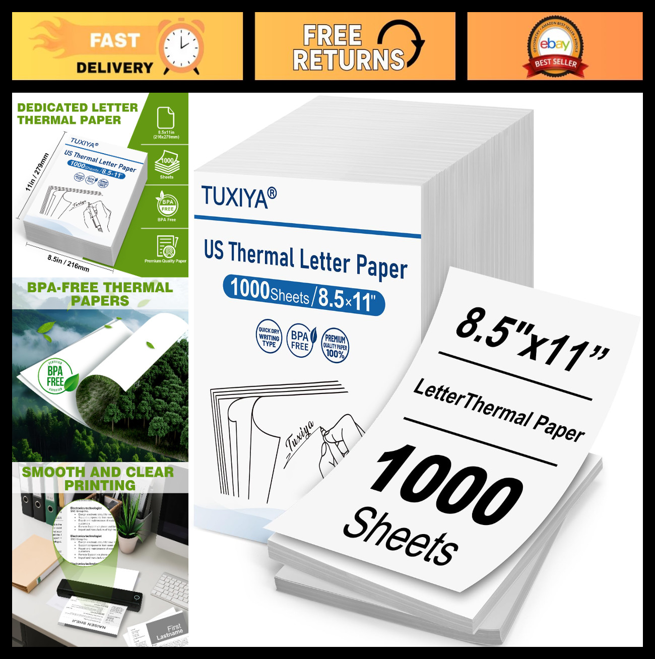 1000 Sheets Thermal Printer Paper 8.5×11″ BPA-Free US Letter Size for Portable P