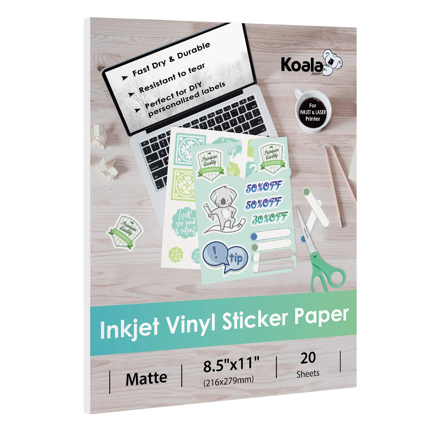 Koala Printable Vinyl Sticker Paper for Inkjet Printer – 20 Sheets Matte Whit…
