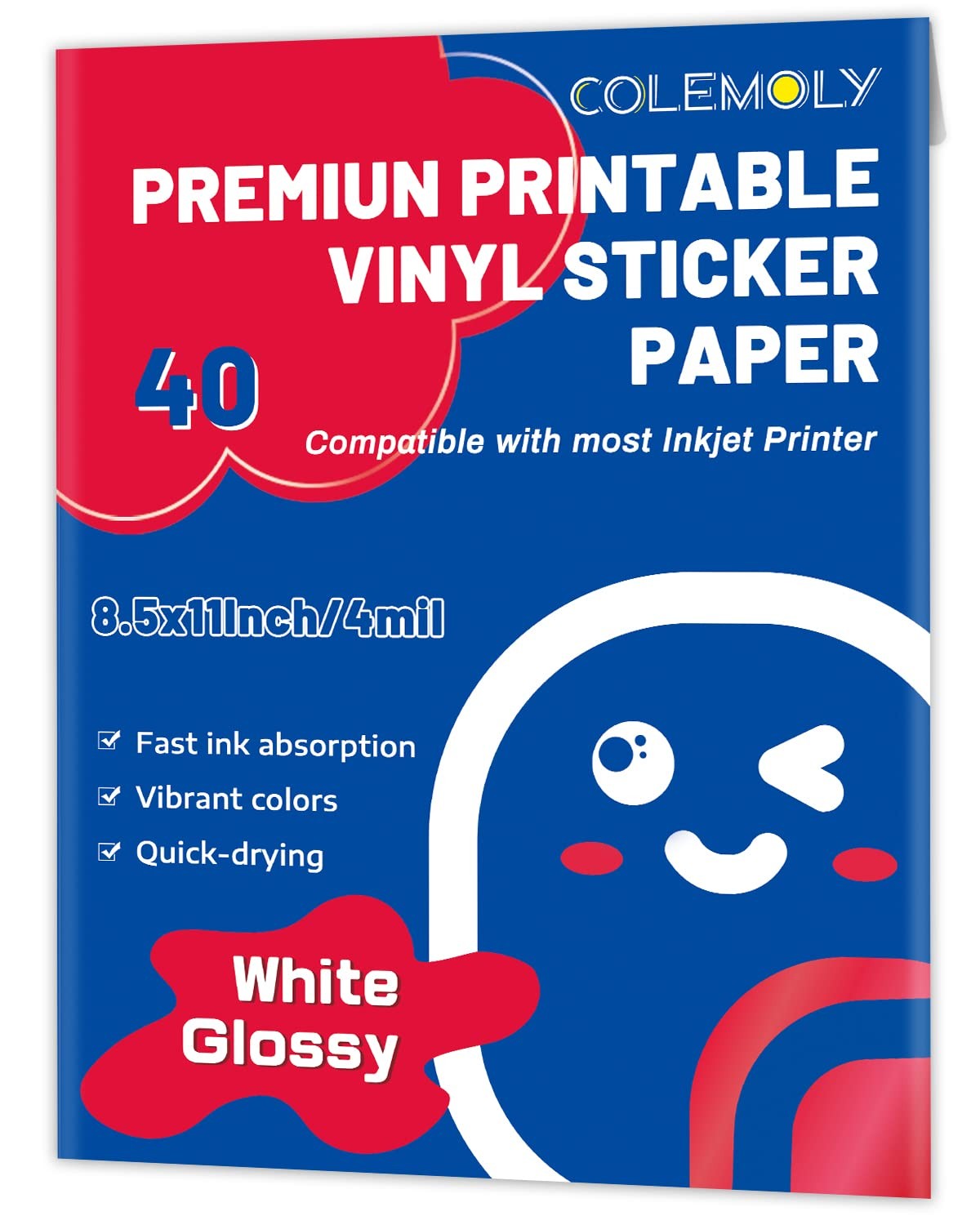 Sticker Paper Glossy Printable Vinyl for Inkjet Printer 40 Adhesive Sheets Wh…