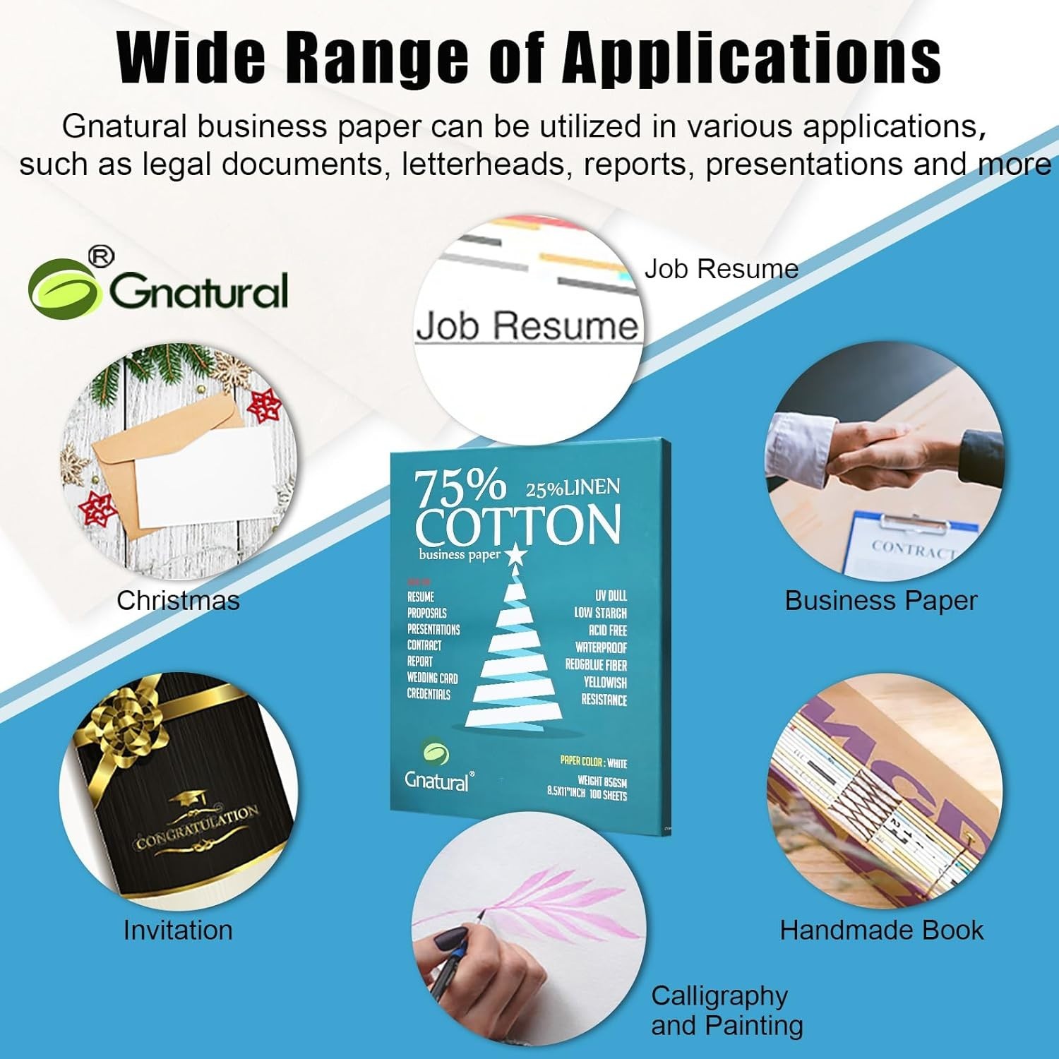 75% Cotton 25% Linen Business Paper, 85gsm 8.5”×11” Inkjet Printer Paper, Waterp