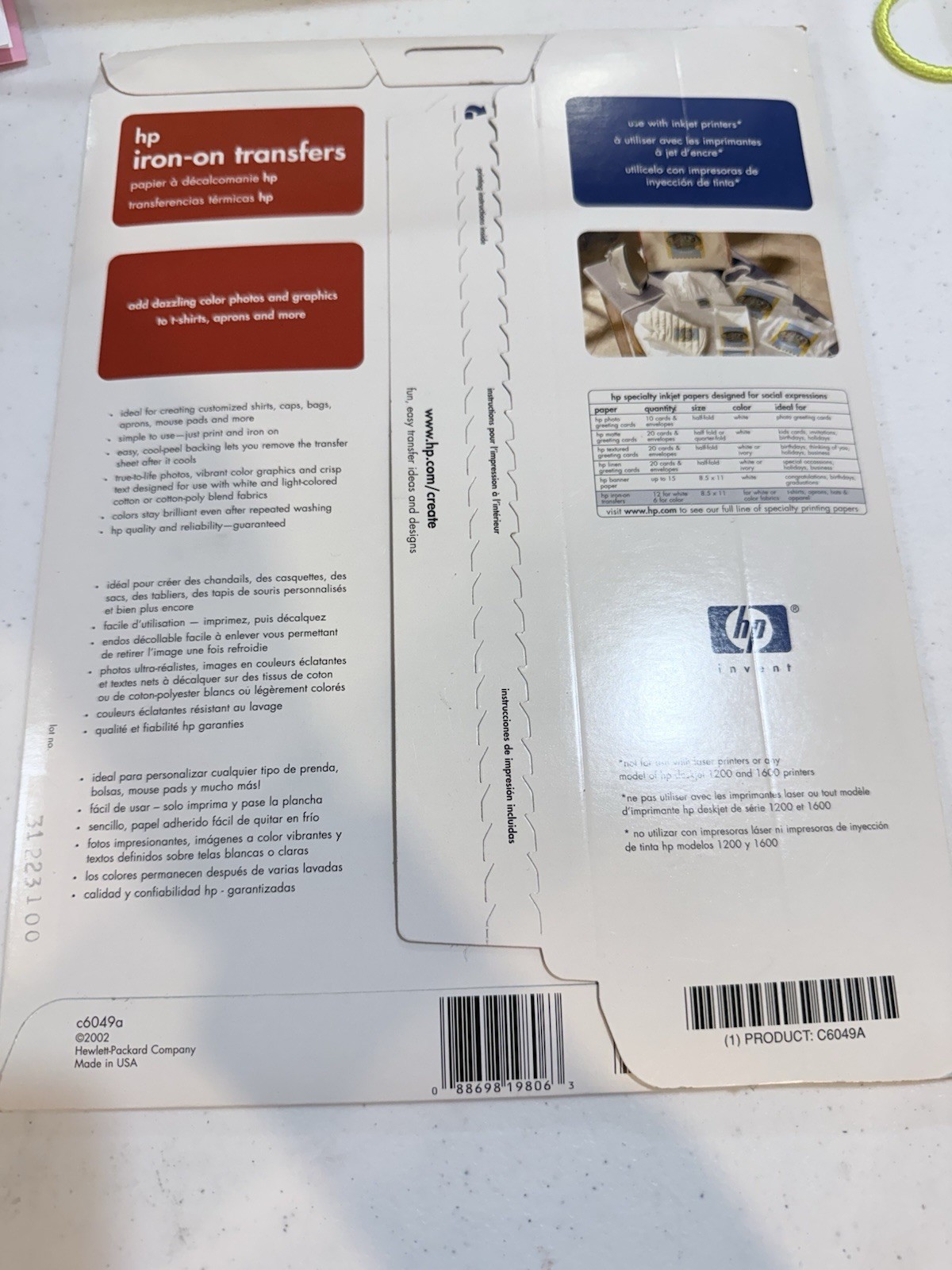 HP Iron-On Transfers Paper 8.5 x 11″, 3×12 For Inkjet Printer NEW