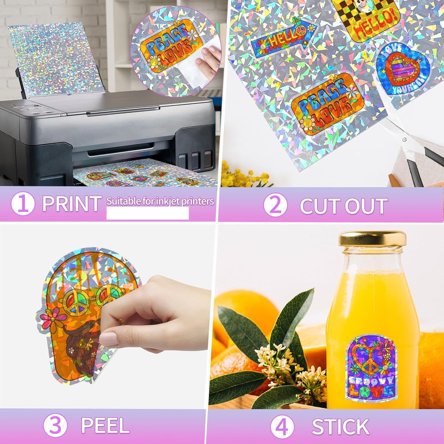 25PCS Holographic Vinyl Sticker Paper Printable Glossy Self Adhesive for Inkjet