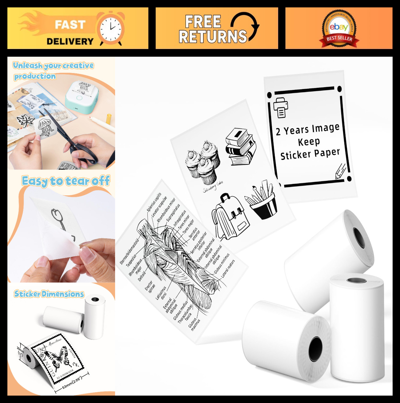 Thermal Sticker Paper for Mini Printers – 3 Rolls, White, 50mm x 3.5m, DIY, Phot