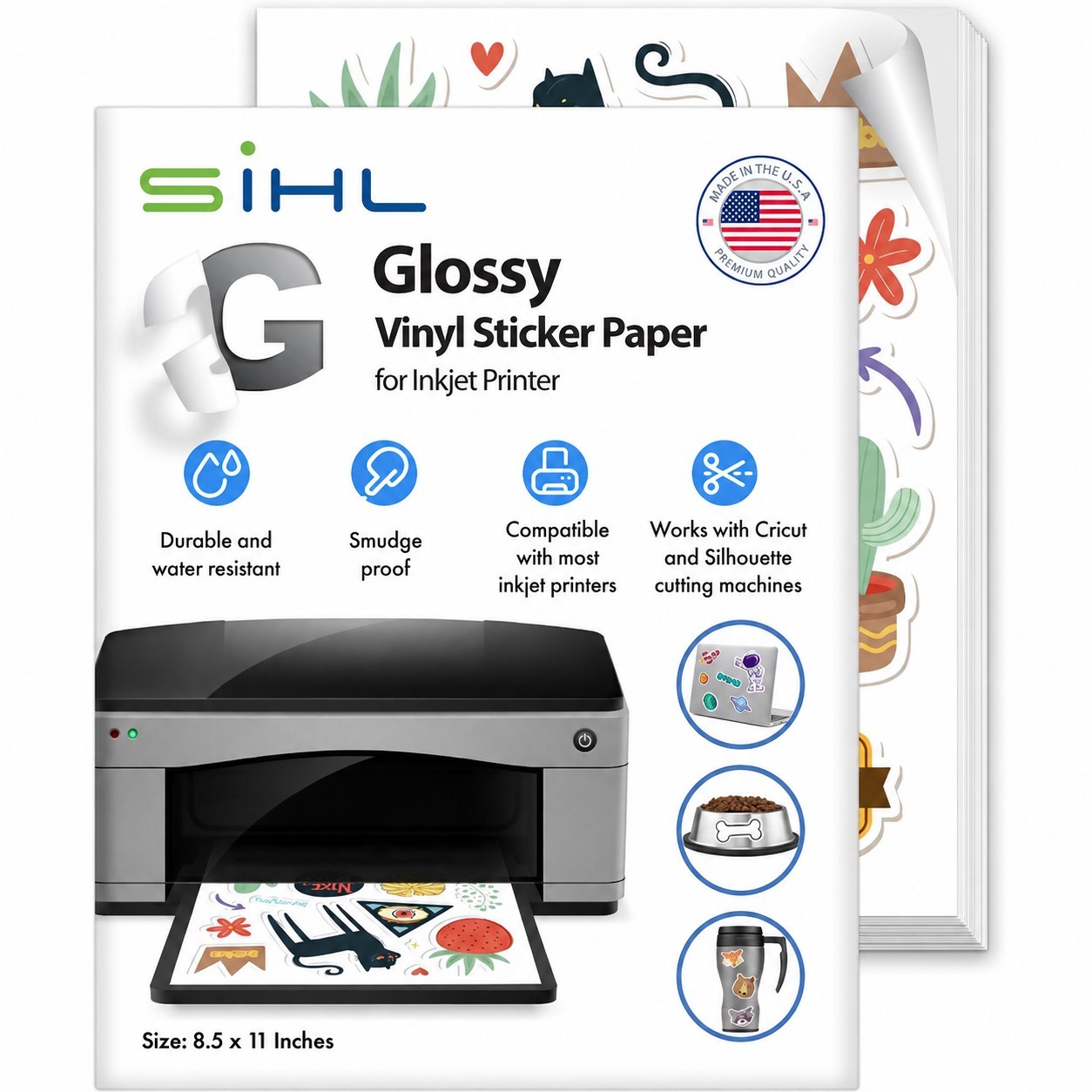 SIHL Premium Printable Glossy Vinyl Sticker Paper for Inkjet 10 Sheets 8.5″x11″