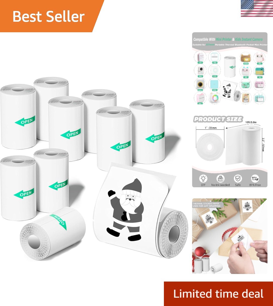 Kids’ Mini Thermal Printer Sticker Paper – 10 Rolls, Ideal for Scrapbooking