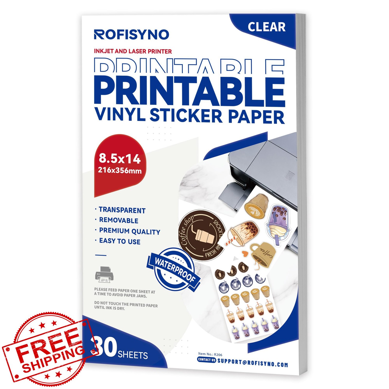 Printable Vinyl Sticker Paper 8.5×14 Legal Milky Transparency 30pk Waterproof