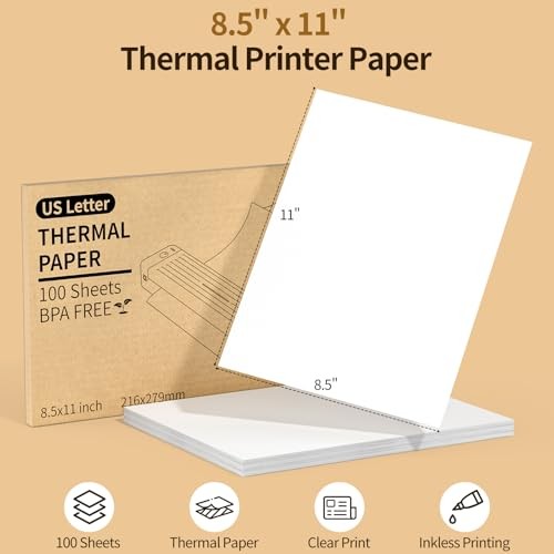 8.5 x 11 Thermal Printer Paper, 100 Sheets, US Letter Size, Compatible with JADE