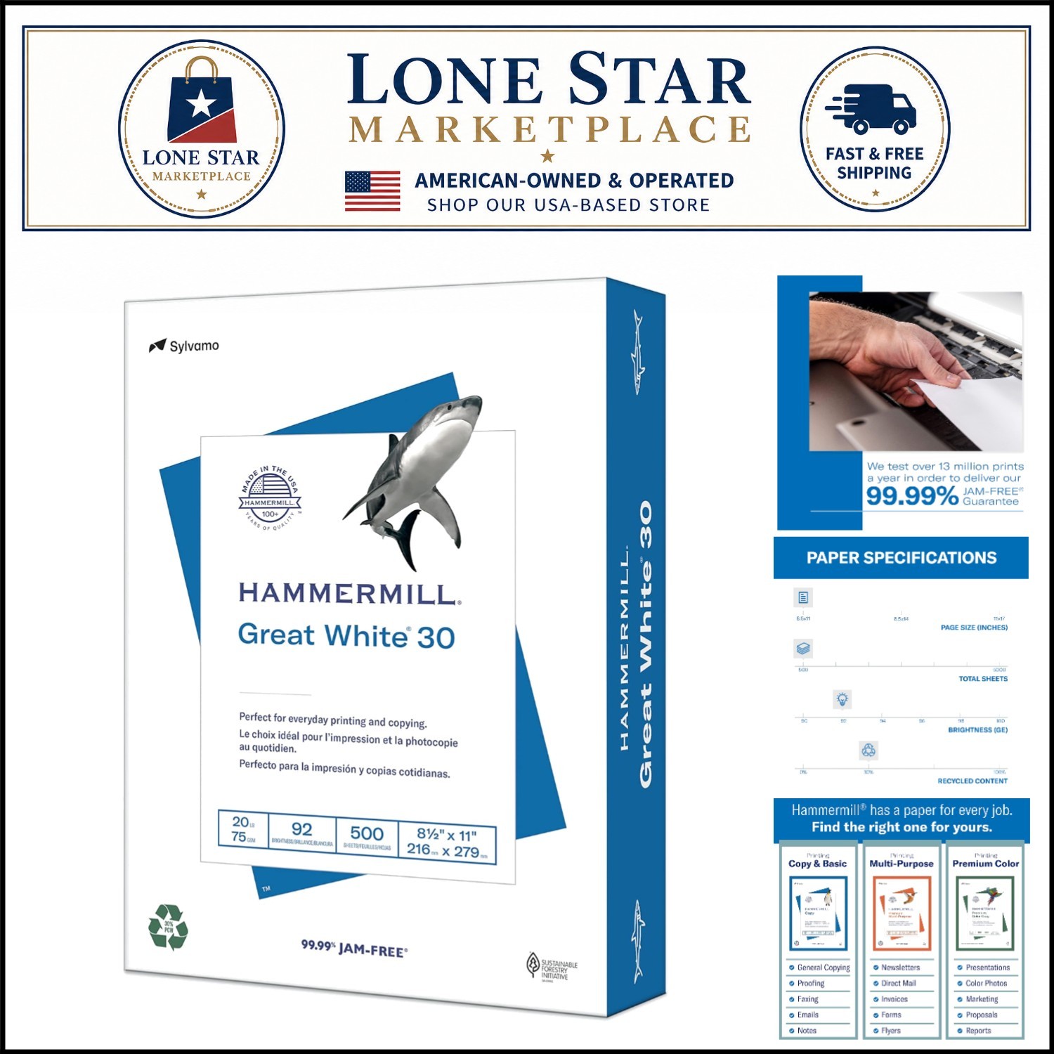 Great White 8.5×11 Recycled Paper, 500 Sheets – 99.99% Jam-Free Guarantee