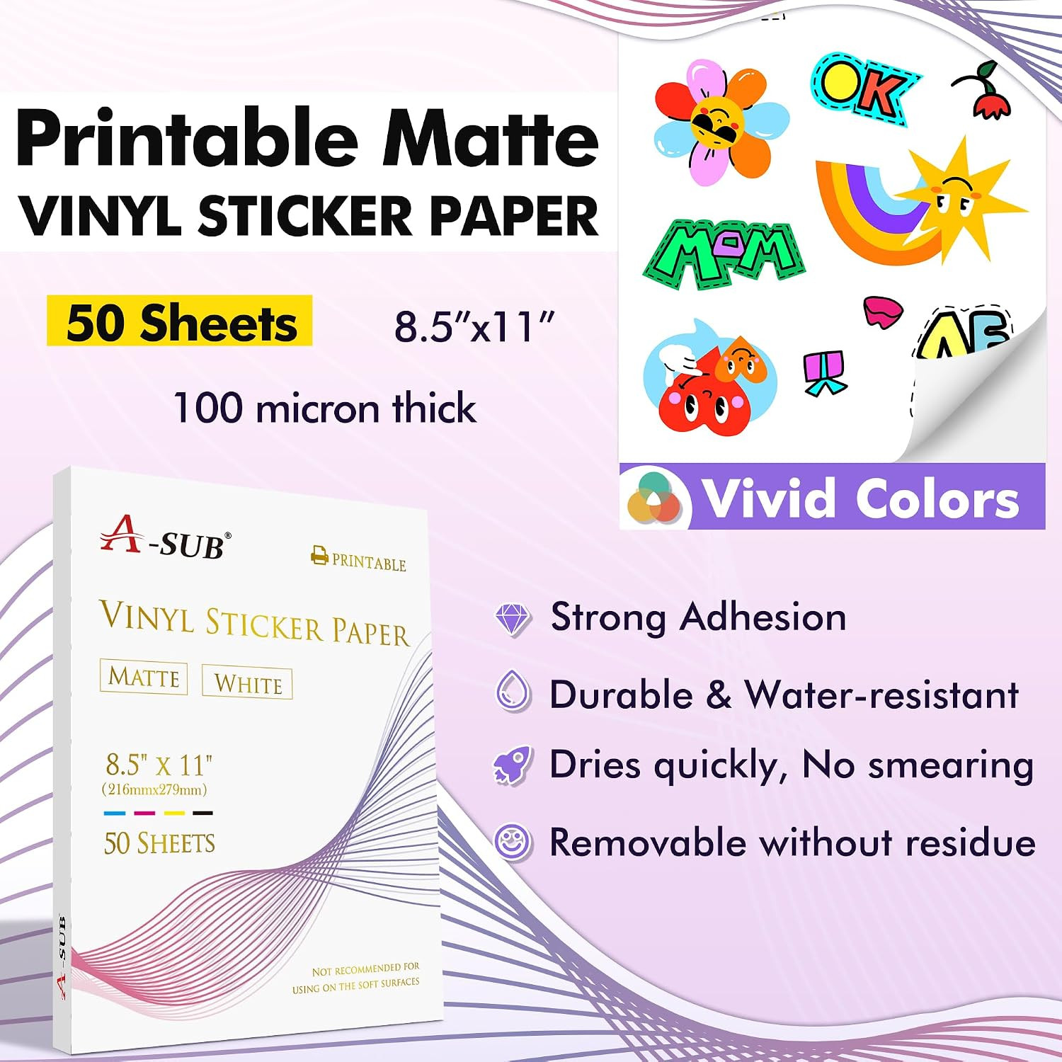 Premium Printable Vinyl Sticker Paper for Inkjet Printers, 50 Sheets Matte White