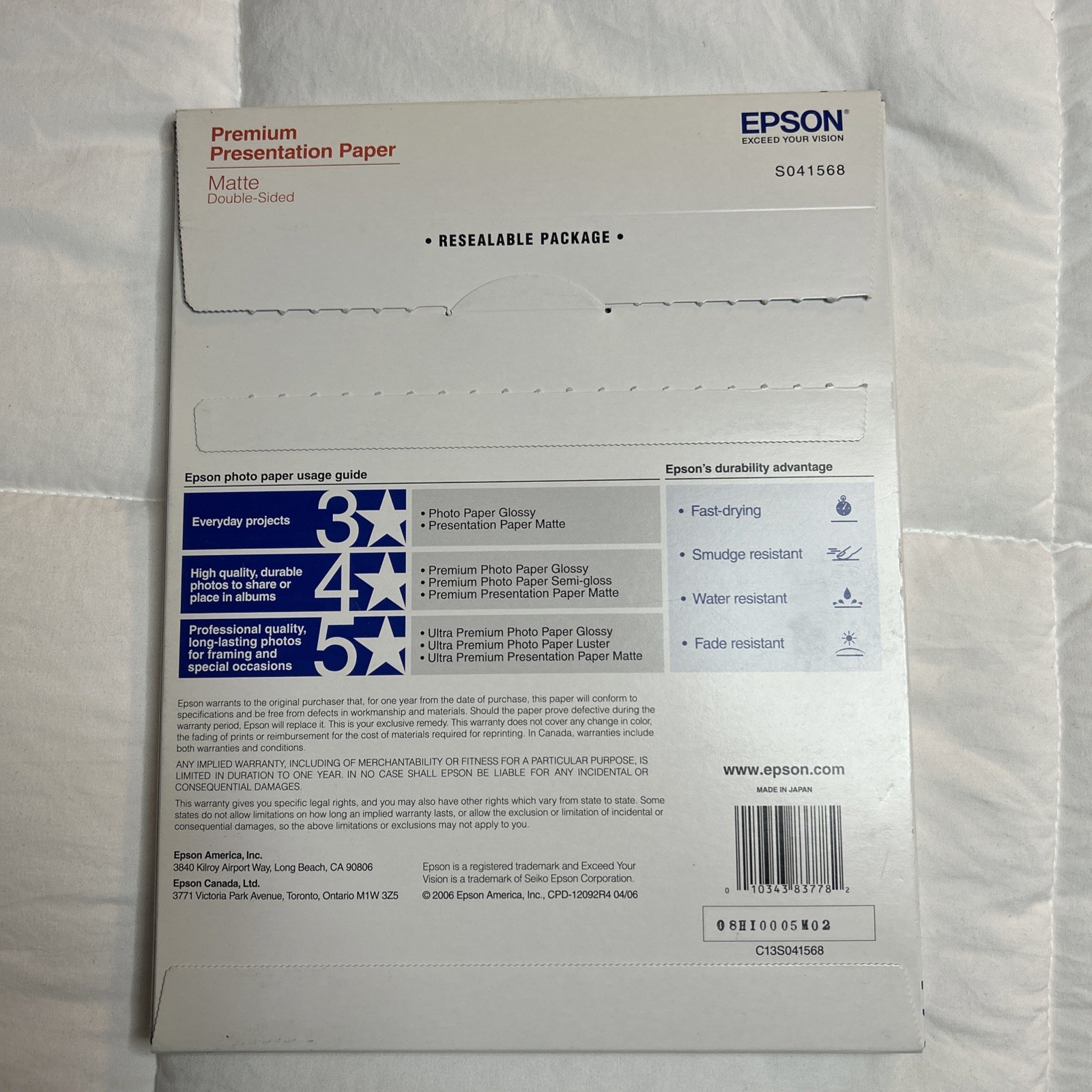 Epson S041568 Premium Matte 8.5” x 11”Paper – (50/PK) New