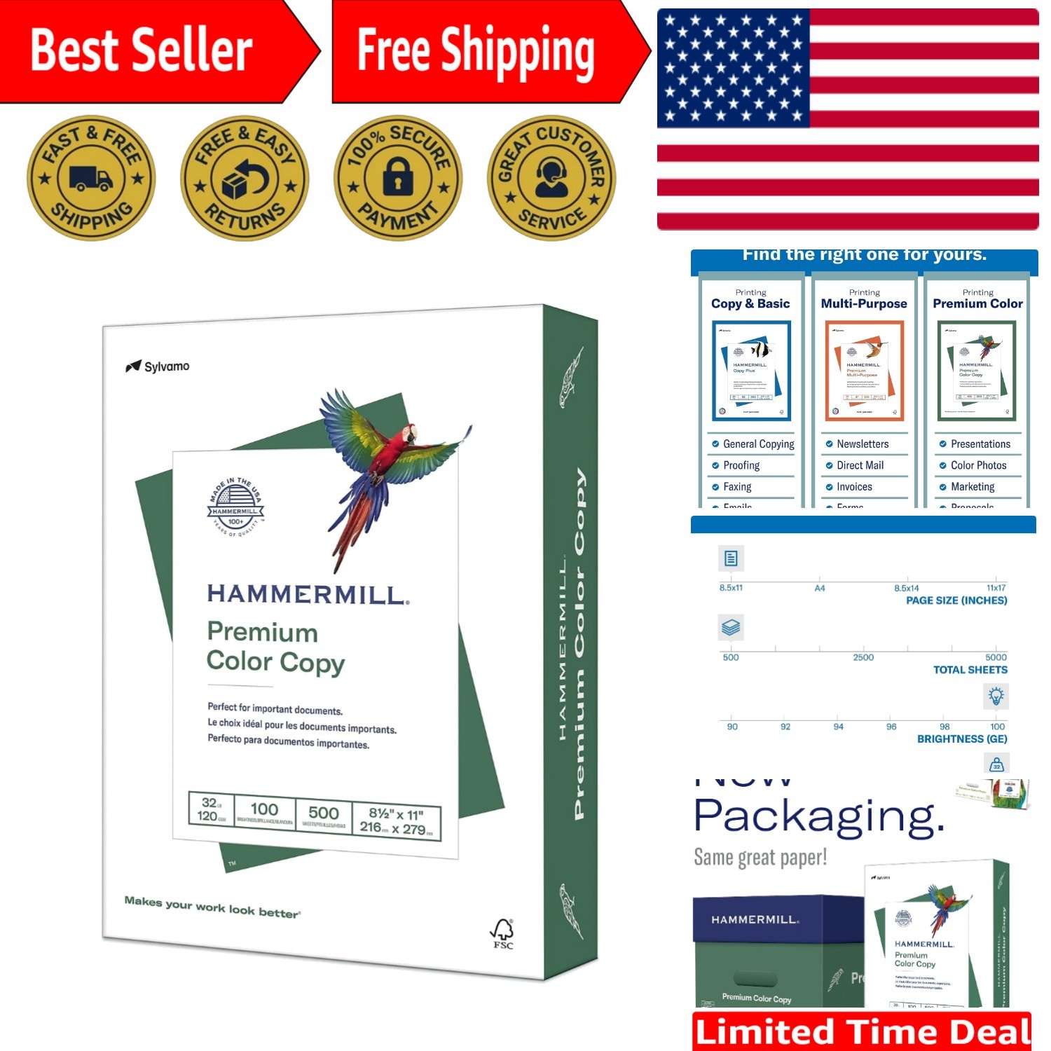 Brilliant 32 lb White Glossy Printer Paper – 500 Sheets, 100 Bright, Made in USA