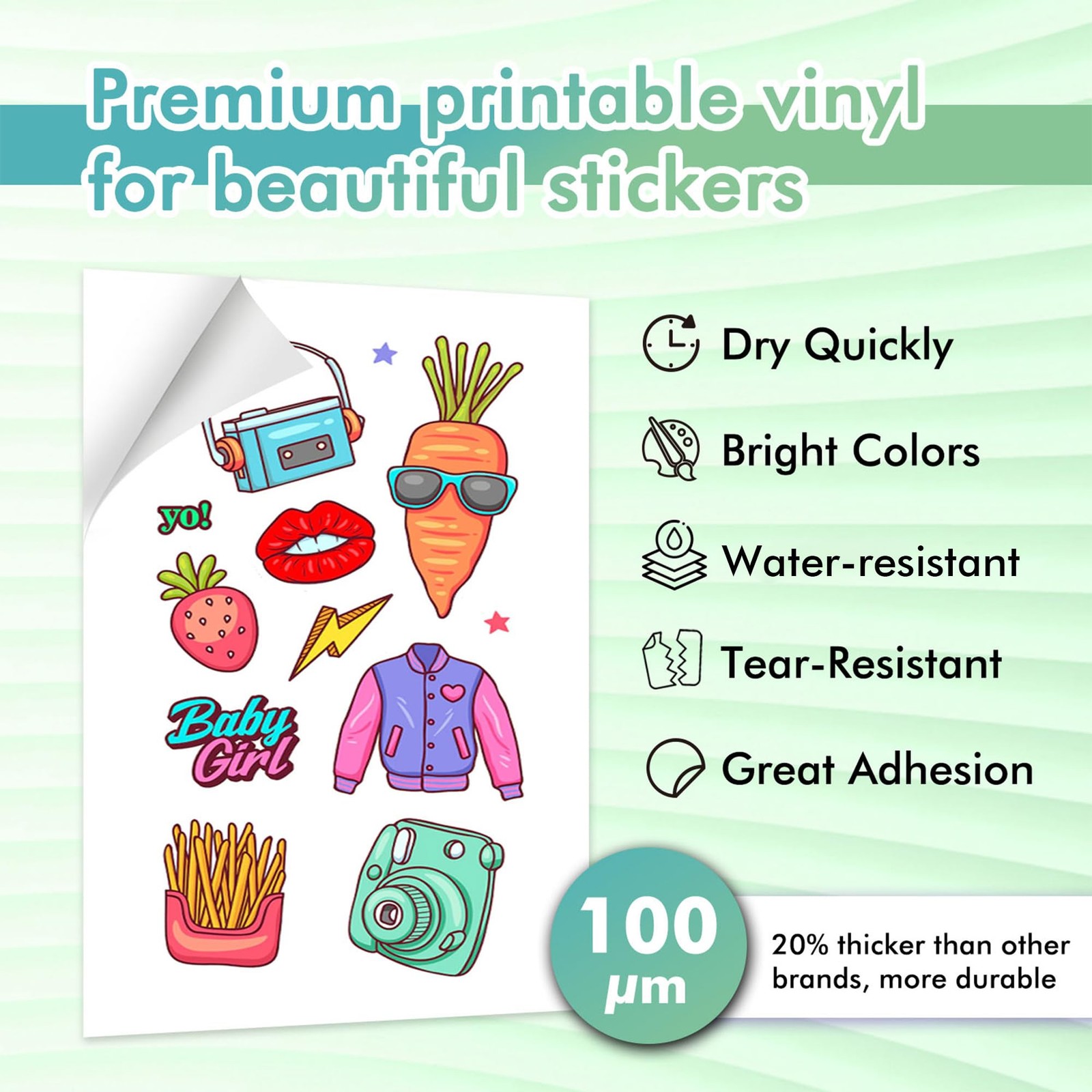 Inkjet Vinyl Sticker Paper, 20 Sheets, Waterproof, 8.5×11, Matte White