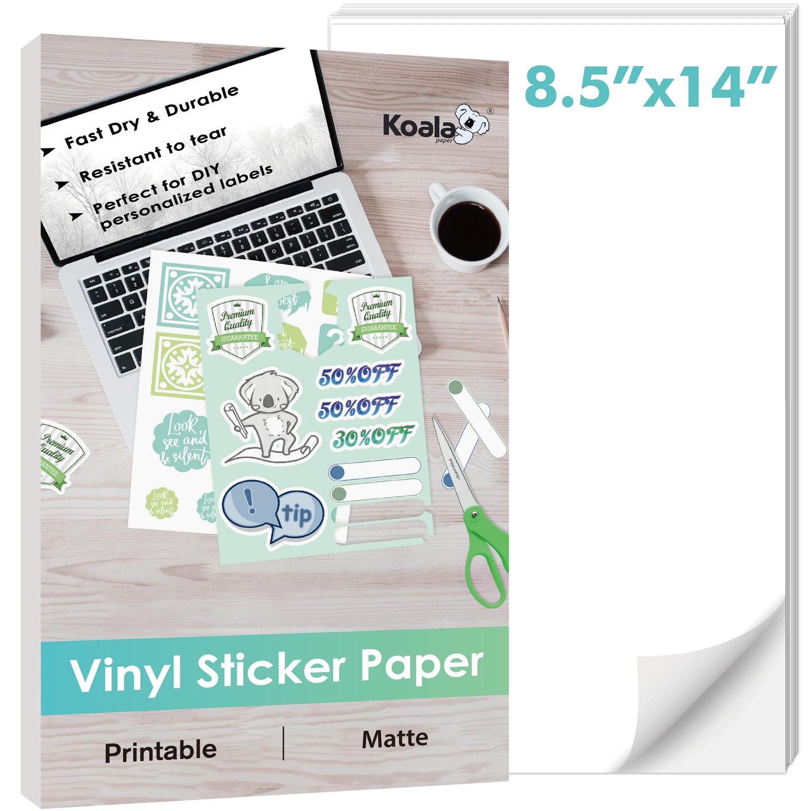Koala Printable Vinyl Sticker Paper for Inkjet Printer, 8.5×14 inch 20 Sheets…
