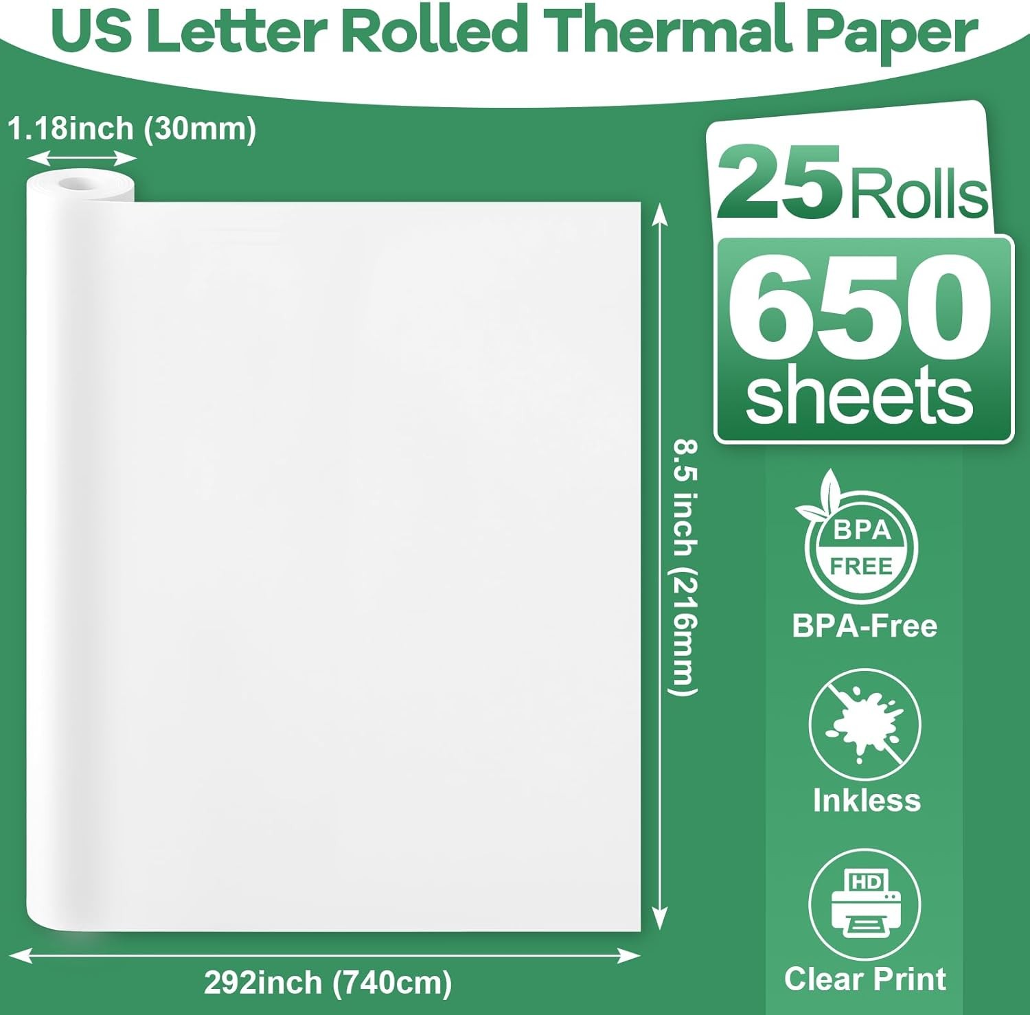 25 Rolls Thermal Printer Paper 8.5″x11″ US Letter Size, BPA 25 Rolls, white