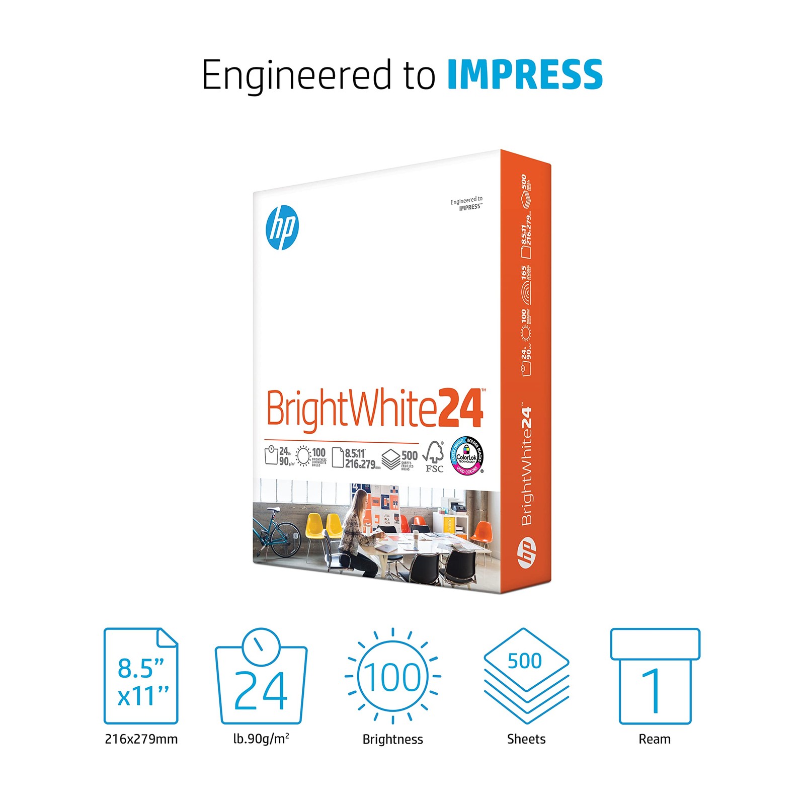 HP Paper Printer Paper 8.5×11 BrightWhite 24 lb 1 Ream 500 Sheets 100 Bright