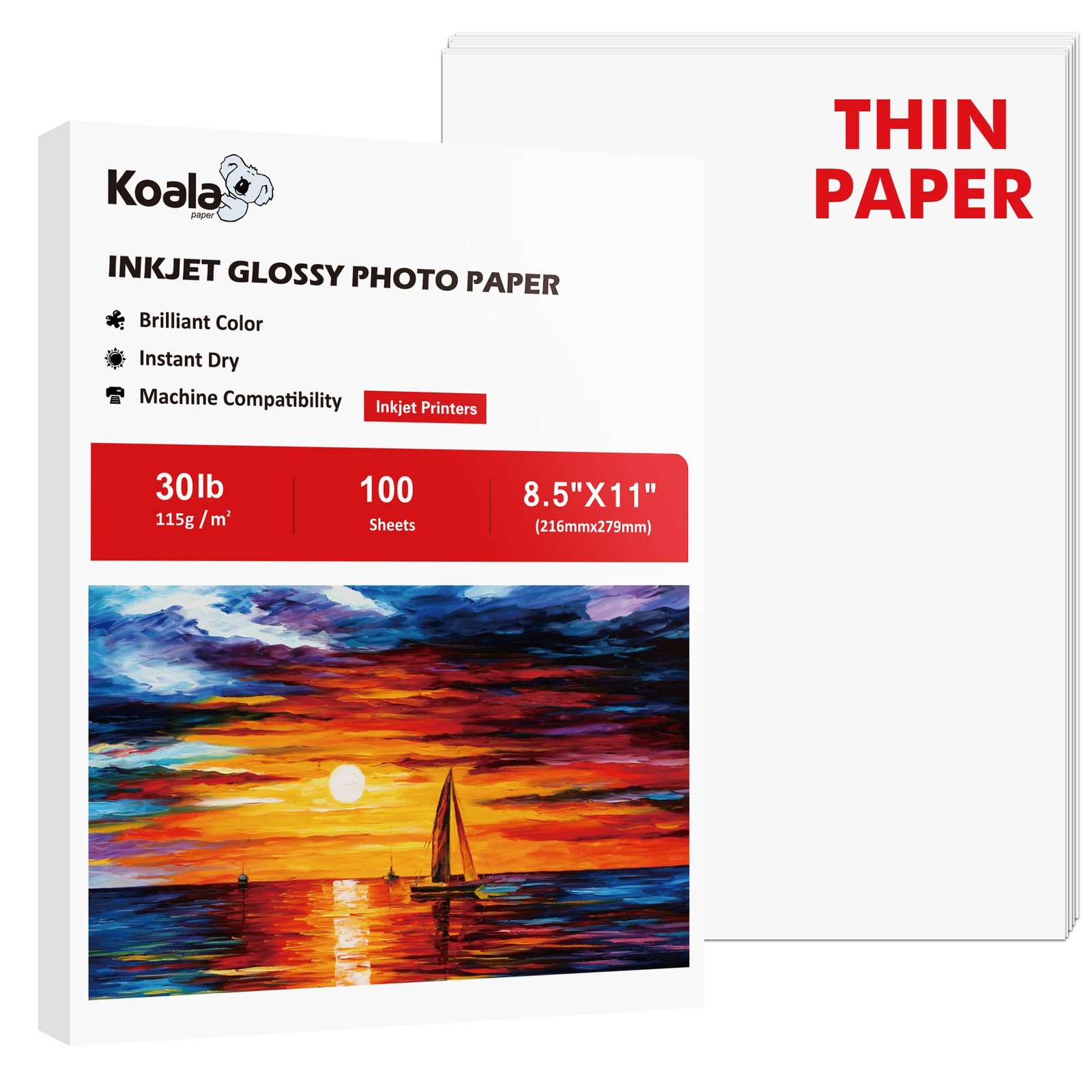100 Sheets Koala 8.5×11 Inch Glossy Thin Inkjet Photo Paper 115gsm Dye Ink