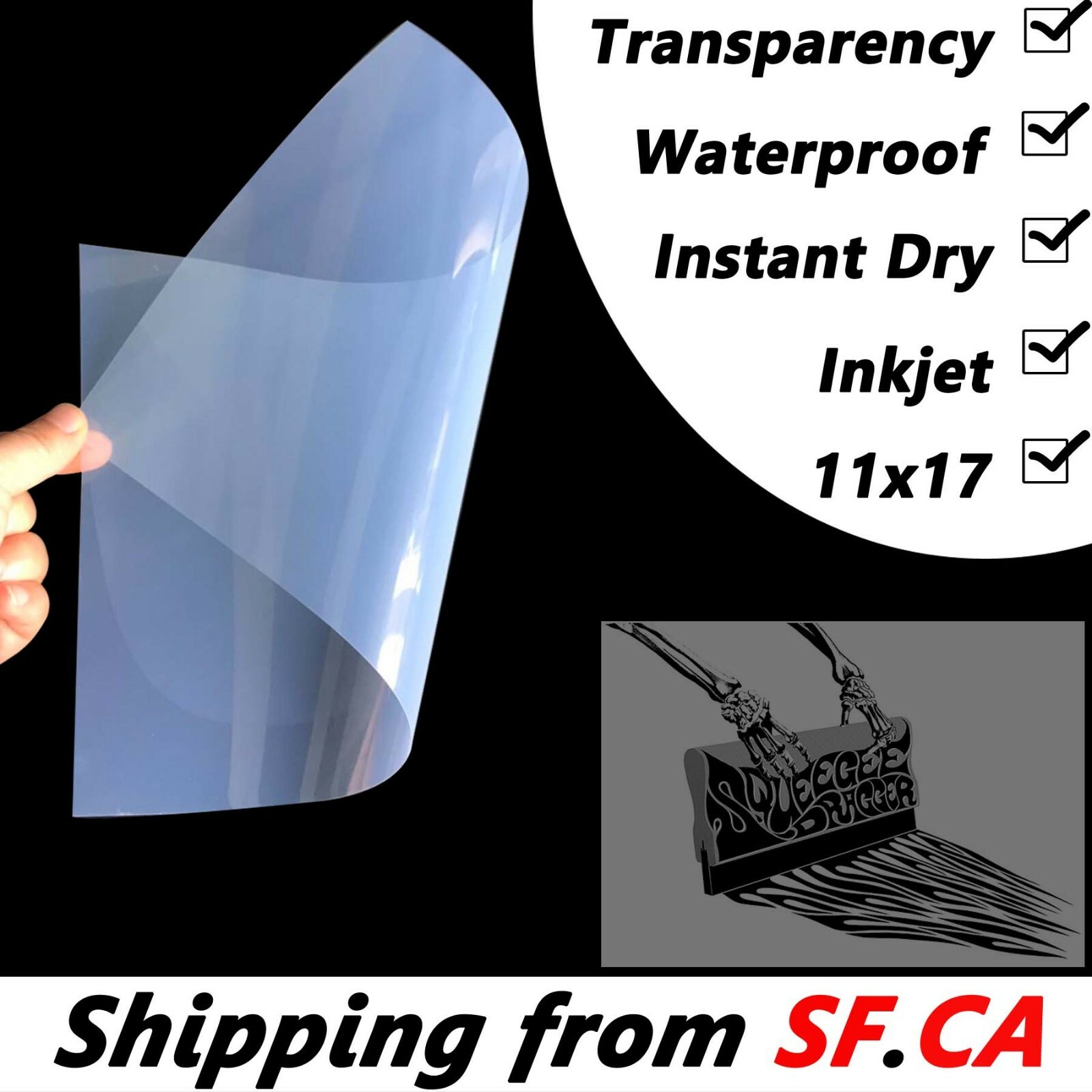 11×17，Screen Printing Waterproof Instant Dry Inkjet Transparency Film，50 Sheets