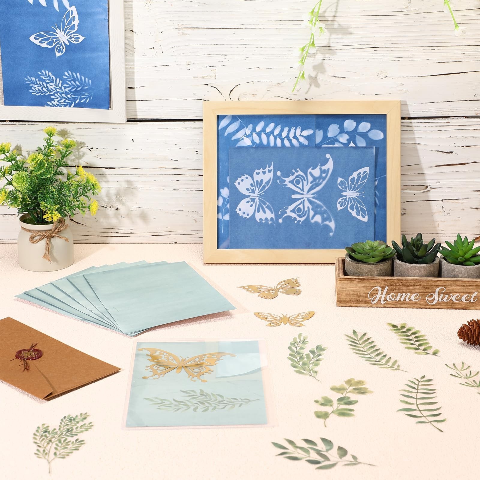 100 Pcs Cyanotype Sun Print Paper Kit with Templates & Plastic Sheets for DIY Cr