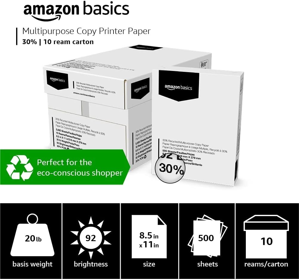 30% Recycled 8.5×11 Printer Paper, 5000 Sheets, 92 Bright – Eco-Friendly Choice