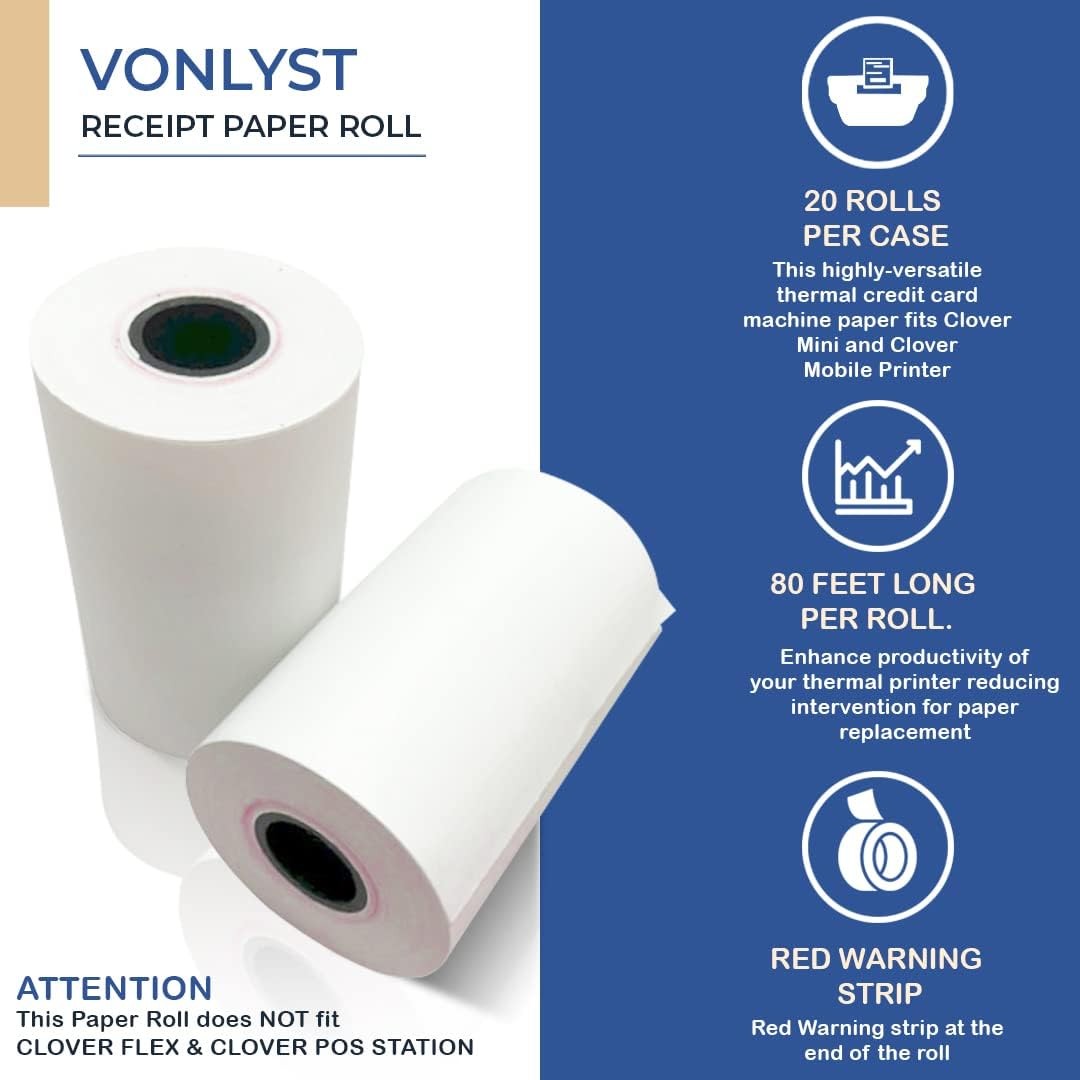Receipt Paper for Clover Mini and Mobile Thermal 20 rolls, White