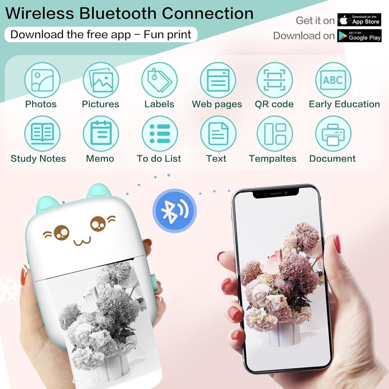 Mini Printer Portable, Inkless Sticker printer with 8 Rolls Paper, Blue
