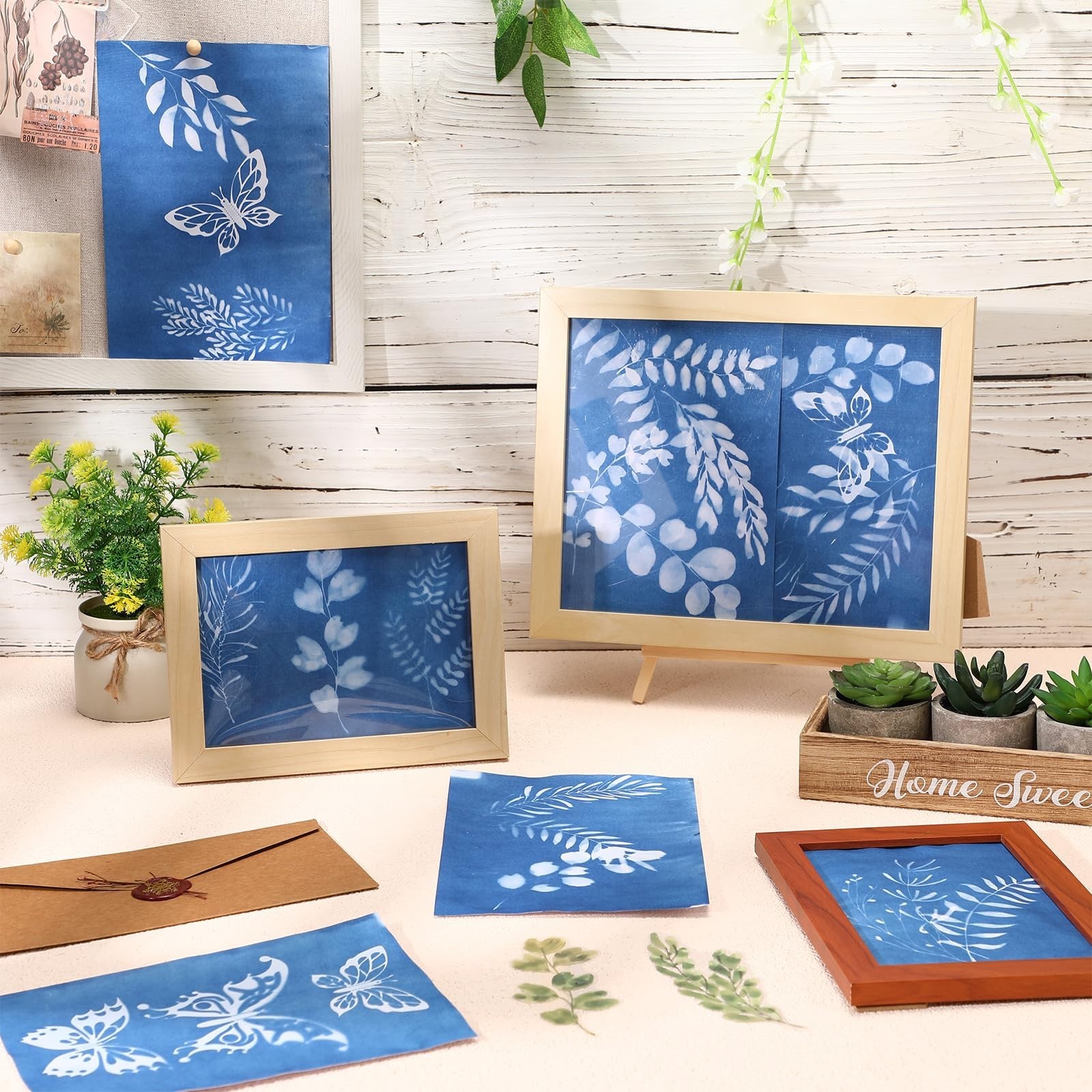 100 Pcs Cyanotype Sun Print Paper Kit with Templates & Plastic Sheets for DIY Cr