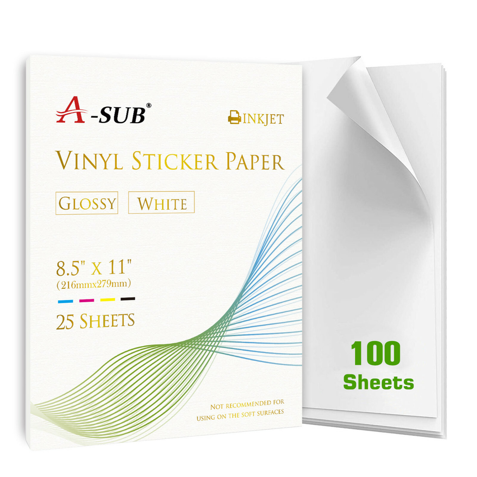 A-SUB Printable Vinyl Sticker Paper Glossy White 100 Sheet 8.5×11 Inkjet Printer