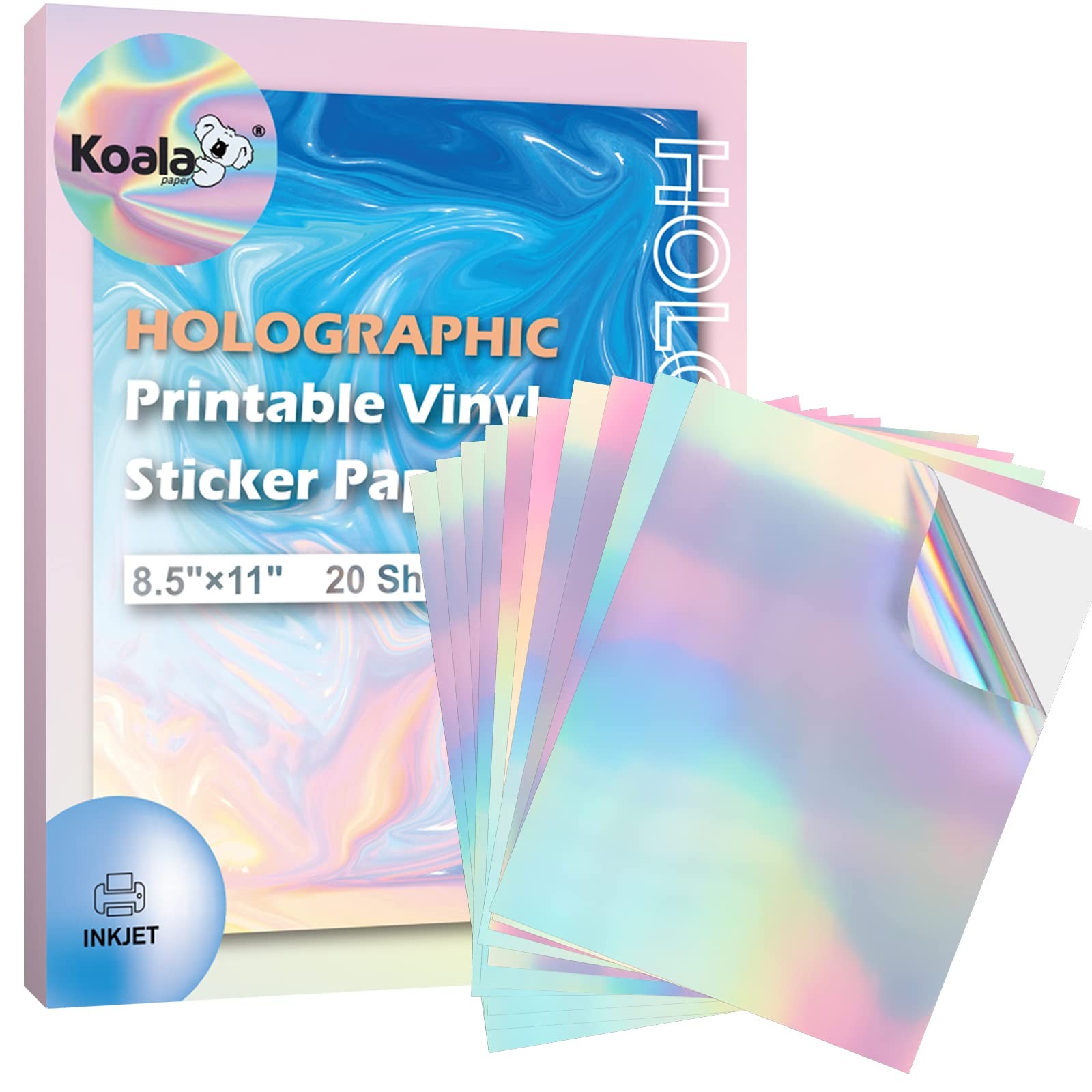 Koala Holographic Sticker for Inkjet Printer – 20 Sheets 8.5×11 Inch, Rainbow…
