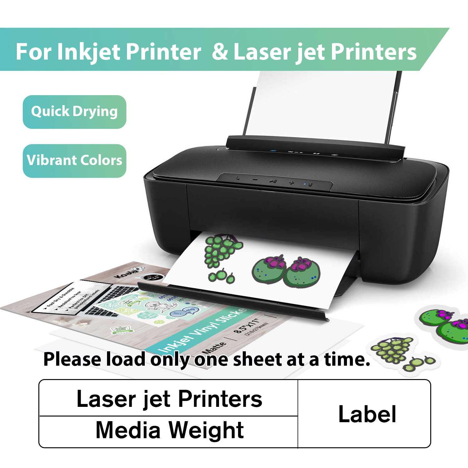 Koala Printable Vinyl Sticker Paper for Inkjet Laser 60PK 8.5×14 Waterproof Matt