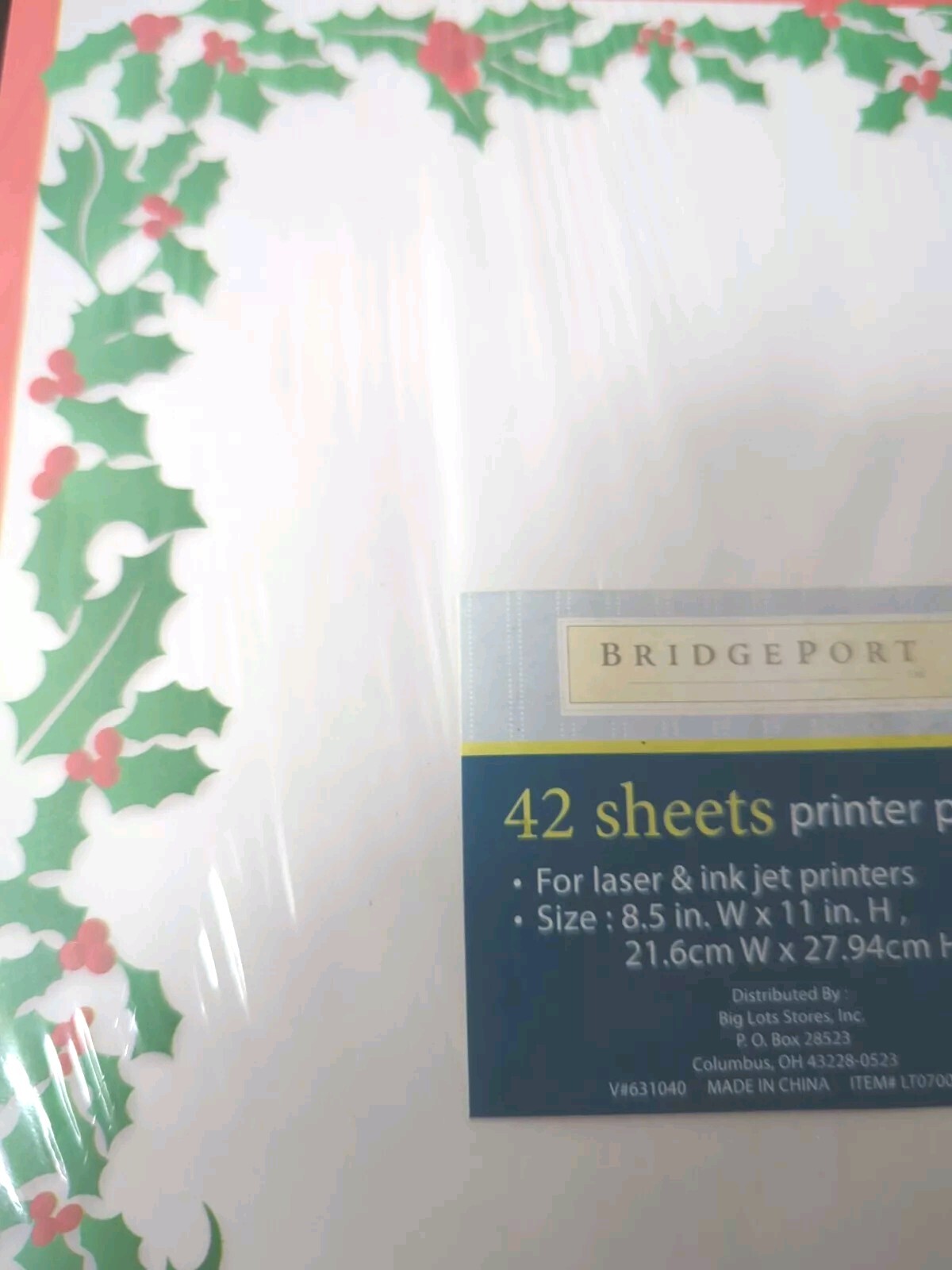 One Pkg Bridgeport Holly&Ivy Border Candy Cane Christmas Computer Paper