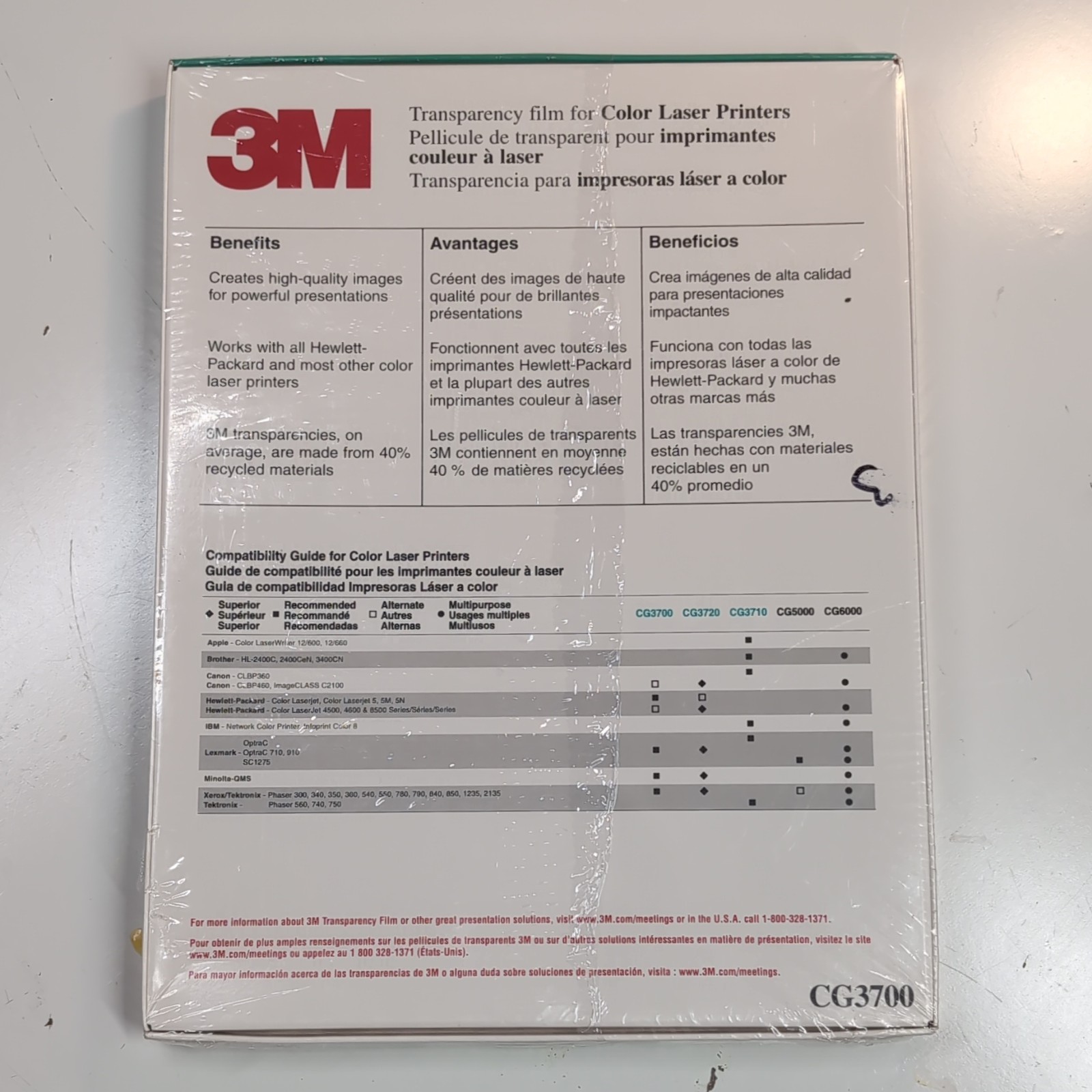 3M Transparency Film Color Laser Printers CG3700 50 Sheets NEW SEALED projector