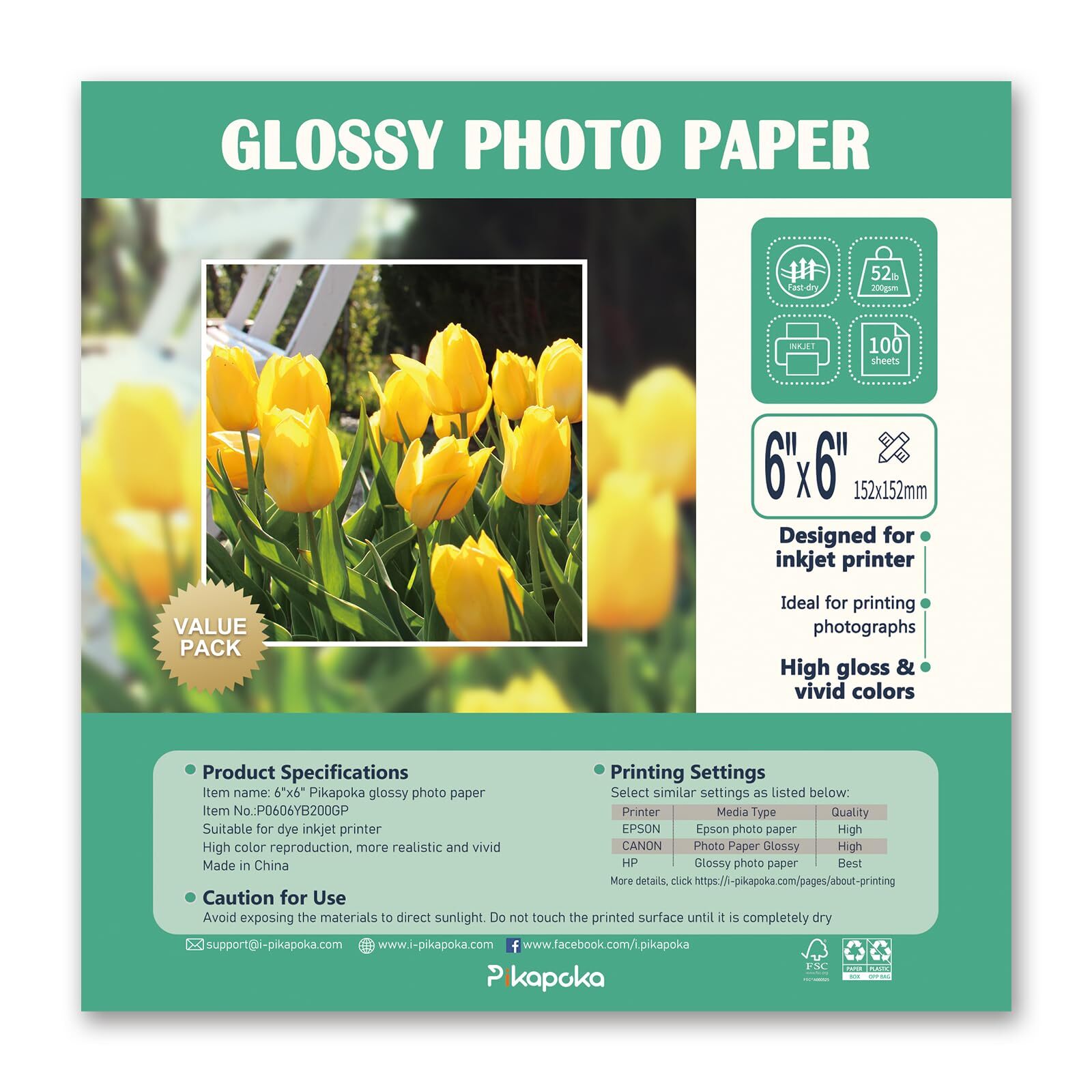 100 Pack 6×6 Glossy Photo Paper 52lb Square 200gsm Dye Inkjet Printer Set
