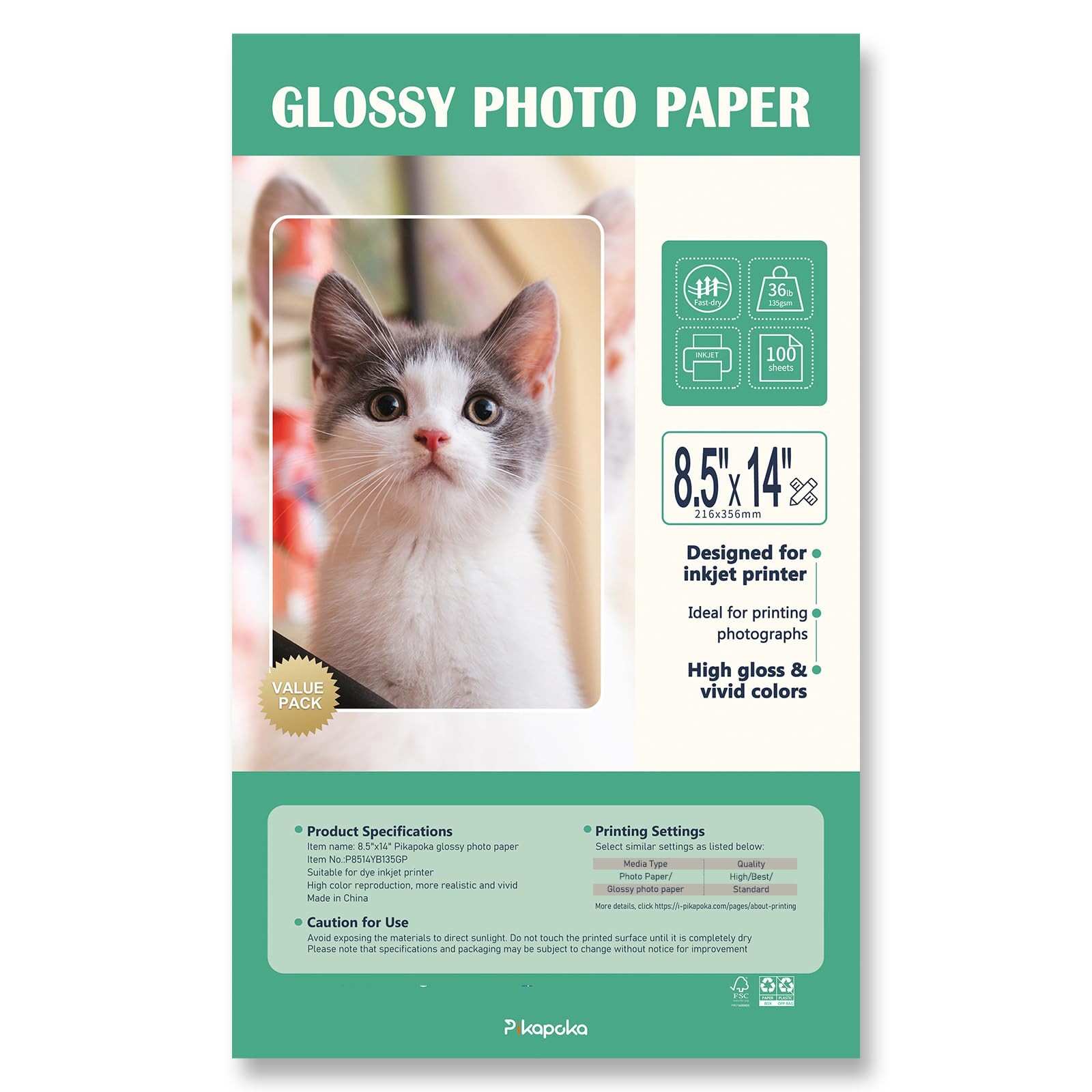 Glossy Photo Paper 8.5×14 Inch Inkjet 36lb Thin Printable Legal Size 100 Pack
