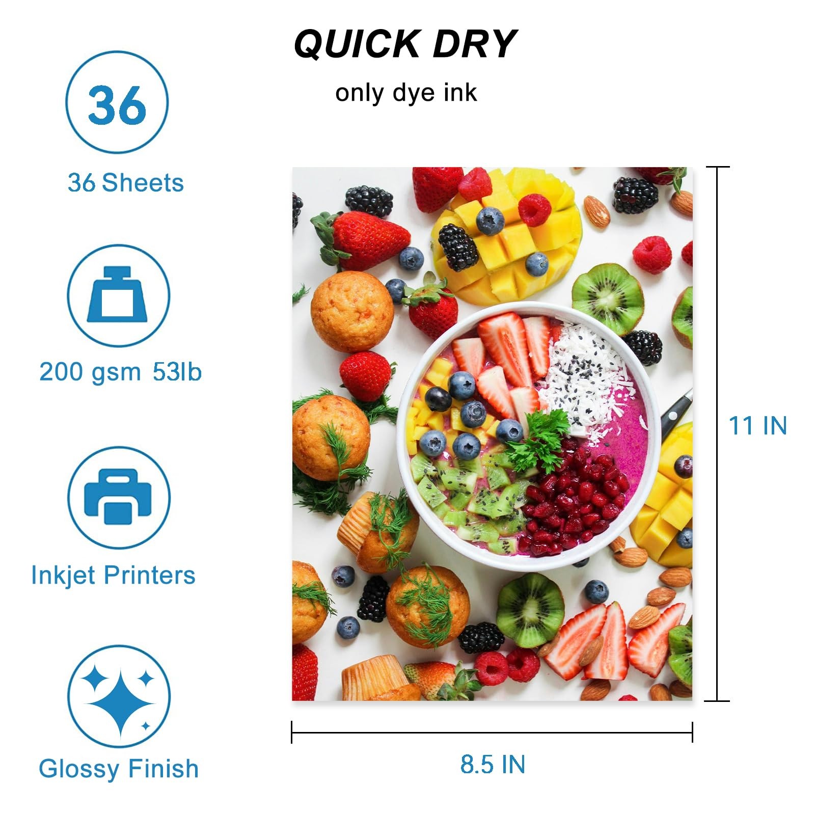 36 PCS Glossy Inkjet Photo Paper 8.5×11 Inch 53lb 200GSM Instant Dry Dye