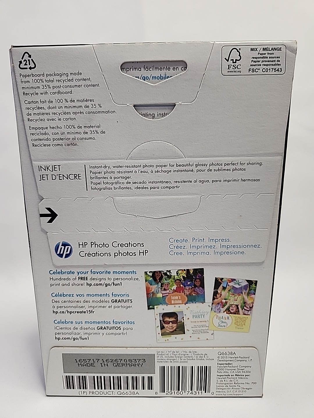 Hewlett Packard Q6638A 4 x 6 inch Glossy Printer Photo Paper – 100 Sheets. 66lb.