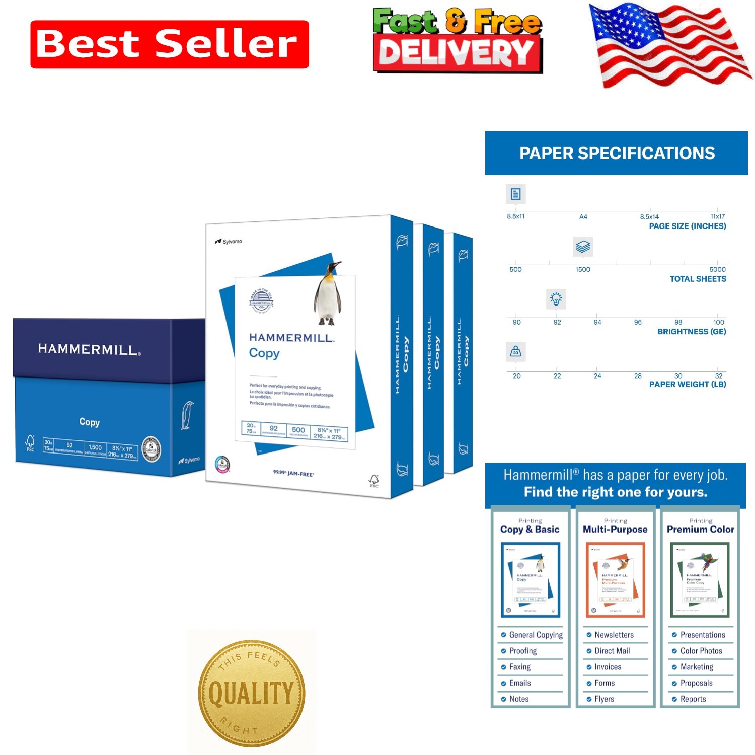 High-Quality 8.5×11 Printer Paper, 1500 Sheets, JAM-FREE, Brightness of 92