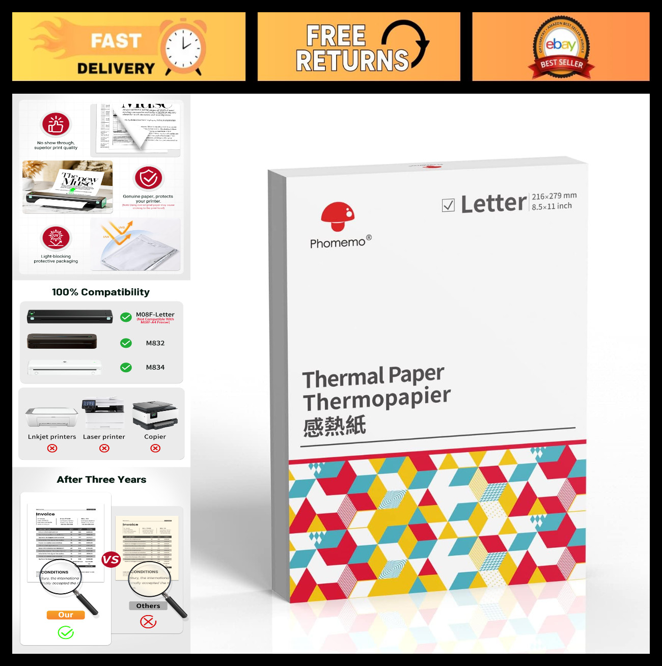 Thermal Printer Paper 8.5″ x 11″ – 100 Sheets, Inkless for Portable Printers