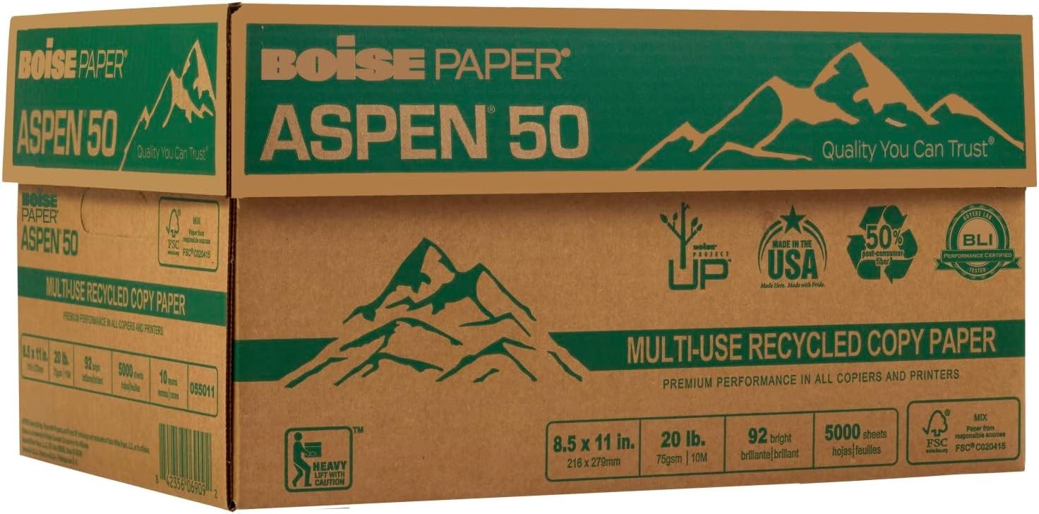 Aspen 50% Recycled Office Paper, 92 Bright, 20lb, 8-1/2 x 11, White, 5000/CT