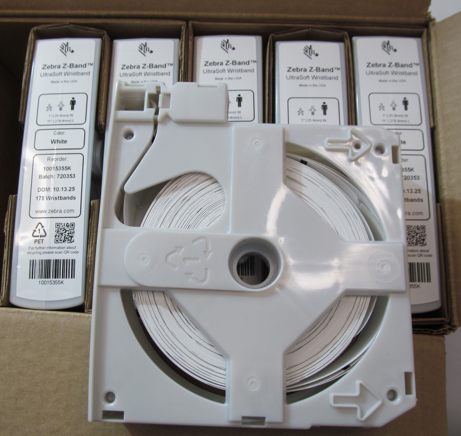 6-PACK ZEBRA 10015355K Z-BAND ULTRASOFT WRISTBAND CARTRIDGE REELS WHITE 1″ x 11″