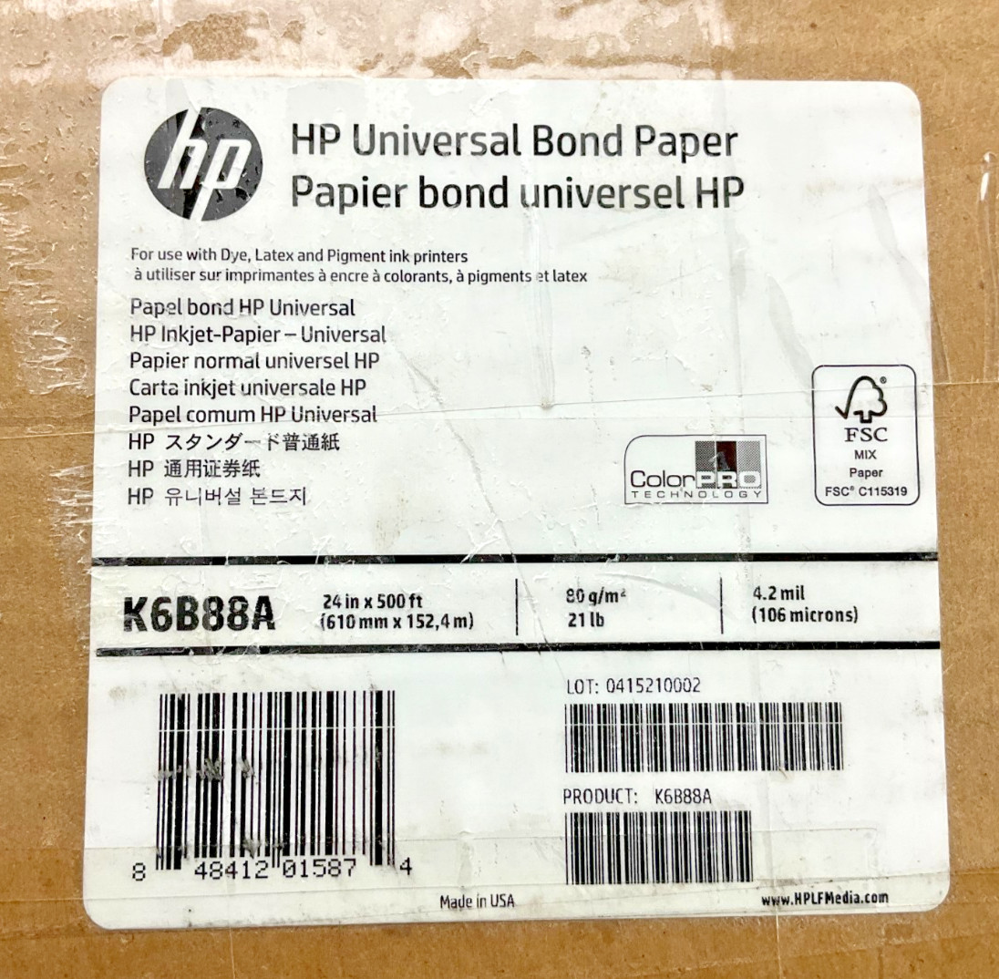 HP UNIVERSAL BOND PAPER 3-in Core 24in x 500ft K6B88A 💚❤️💚❤️ BRAND NEW!