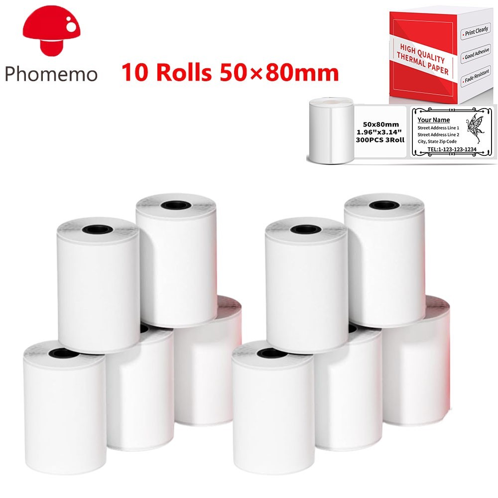 10Roll 50*80mm Sticker Label Adhesive Tag Paper for Phomemo M110/M220 Printer