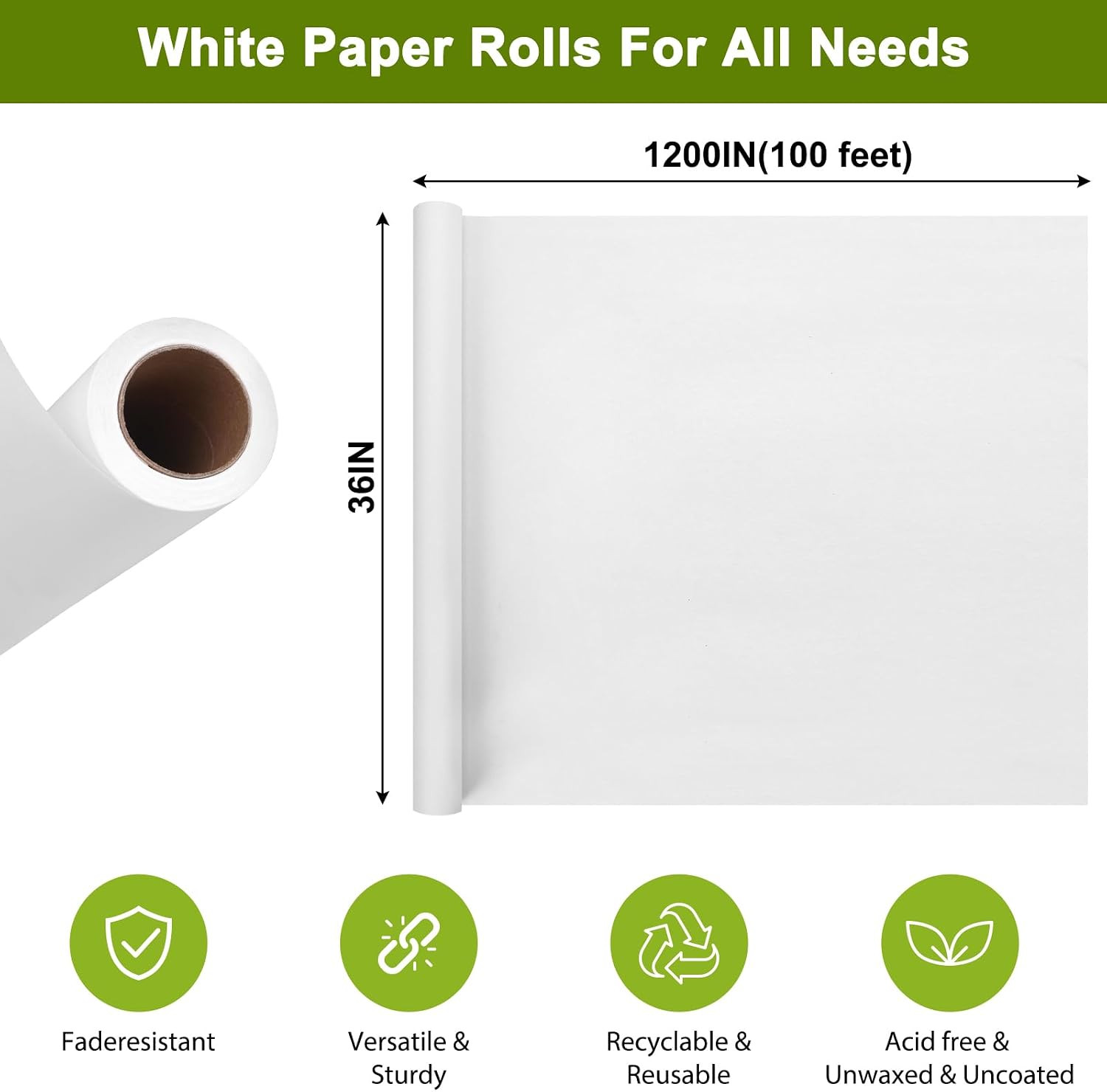 36″ X 1,200″(100′) White Kraft Paper Roll Banner Paper Craft Paper | 80GSM 55LB